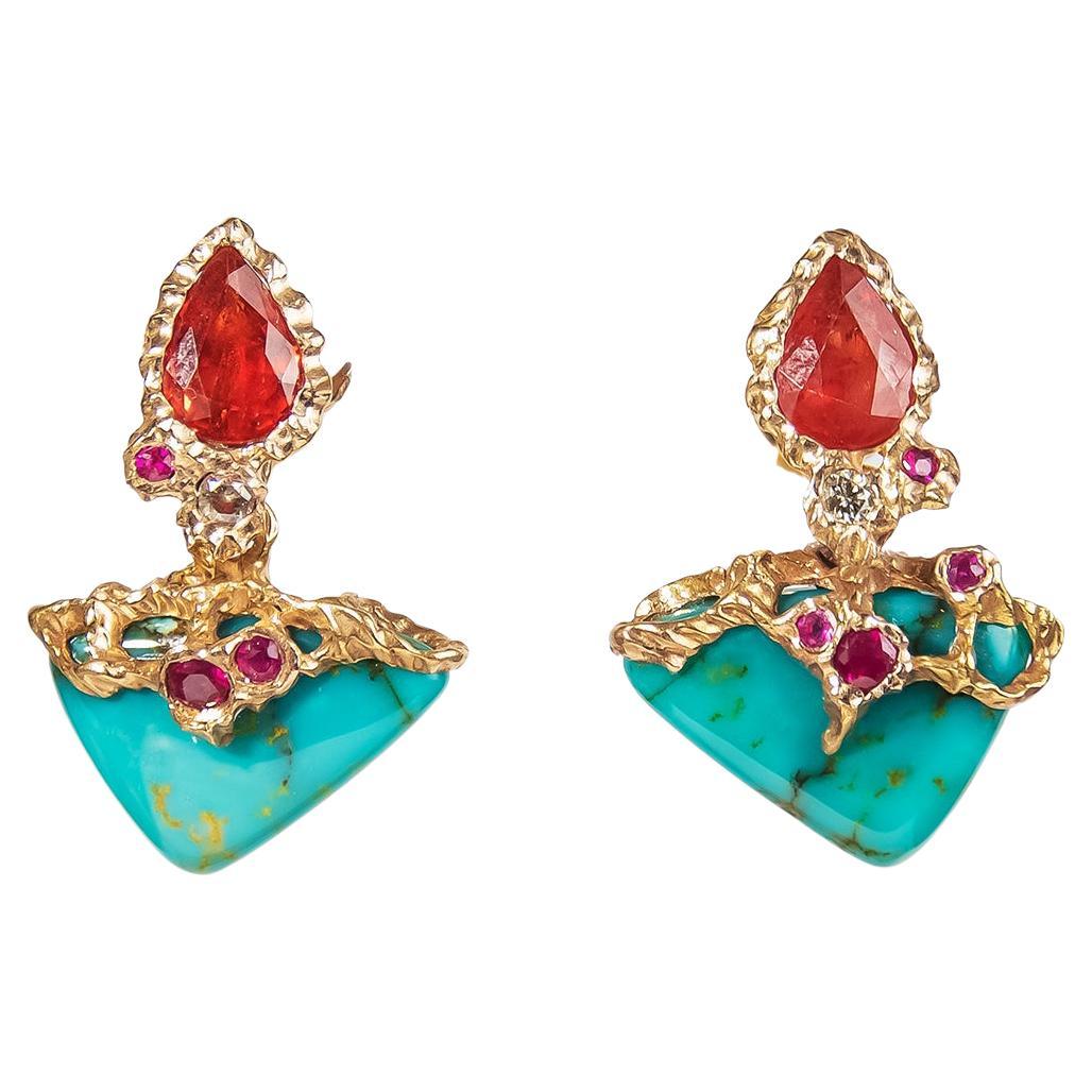 Detachable 18K Rose Gold Turquoise Orange Sapphire Ruby and Diamond Earrings For Sale