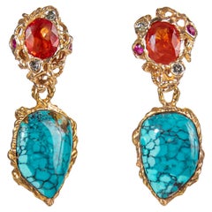 Detachable 18K Rose Gold Turquoise Orange Sapphire Ruby and Diamond Earrings