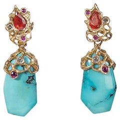 Detachable 18K Rose Gold Turquoise Orange Sapphire Ruby and Diamond Earrings