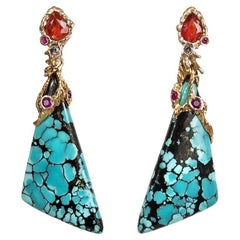 Detachable 18K Rose Gold Turquoise Orange Sapphire Ruby and Diamond Earrings