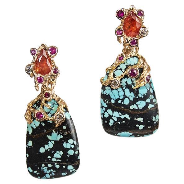 Detachable 18K Rose Gold Turquoise Orange Sapphire Ruby and Diamond Earrings For Sale