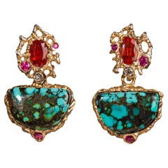 Detachable 18K Rose Gold Turquoise Orange Sapphire Ruby and Diamond Earrings