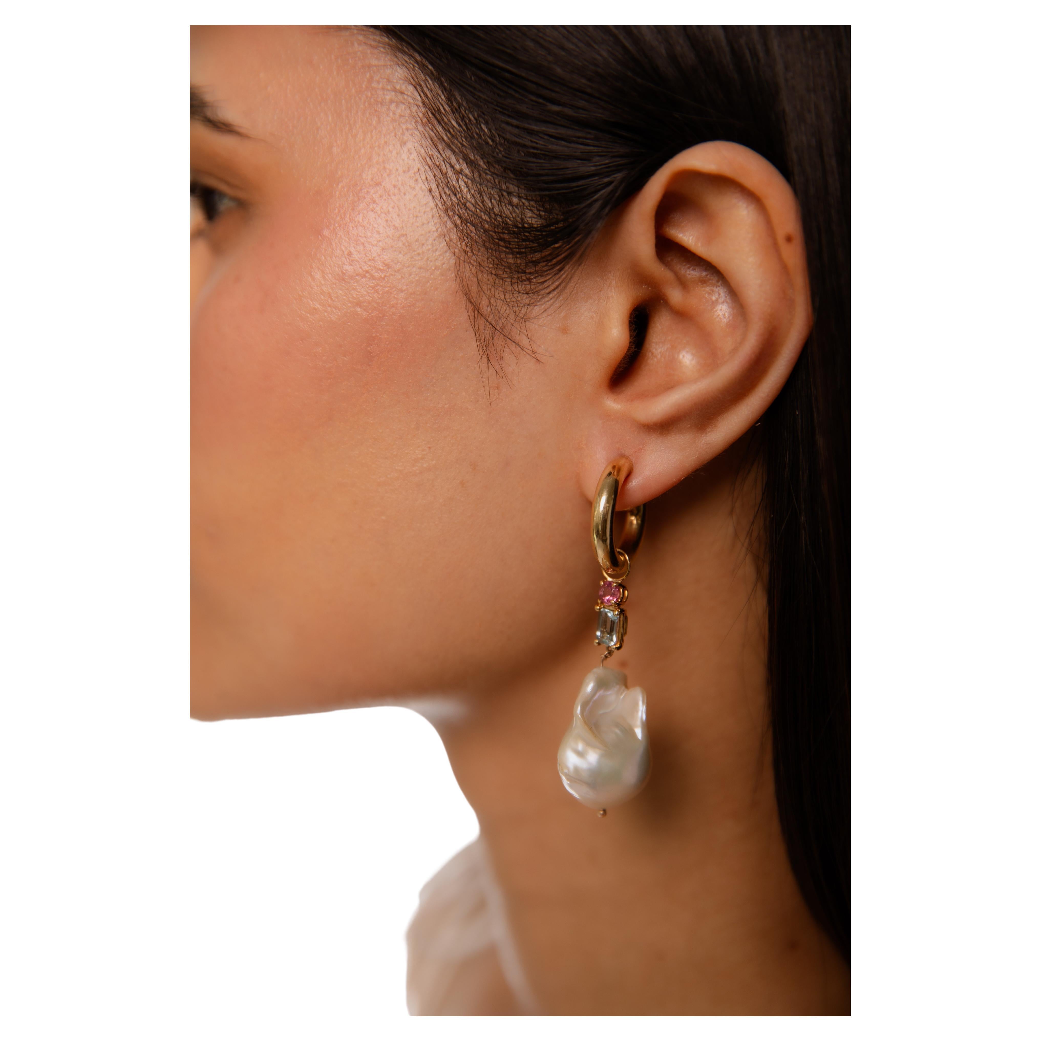 Detachable Aquamarine & Chunky 14k  Hoop Drop Earring For Sale