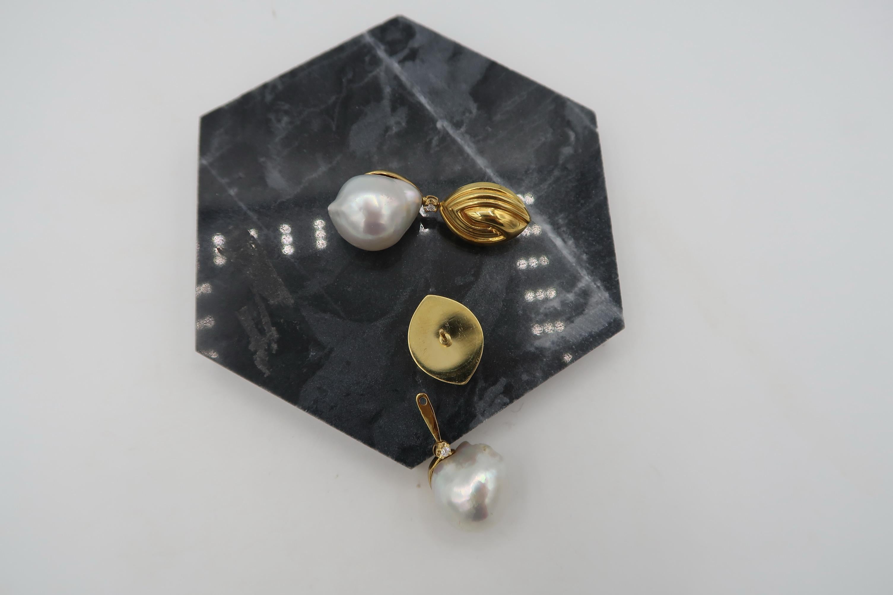 Detachable Baroque South Sea Pearl Drop Diamond Yellow Gold Earrings For Sale 1