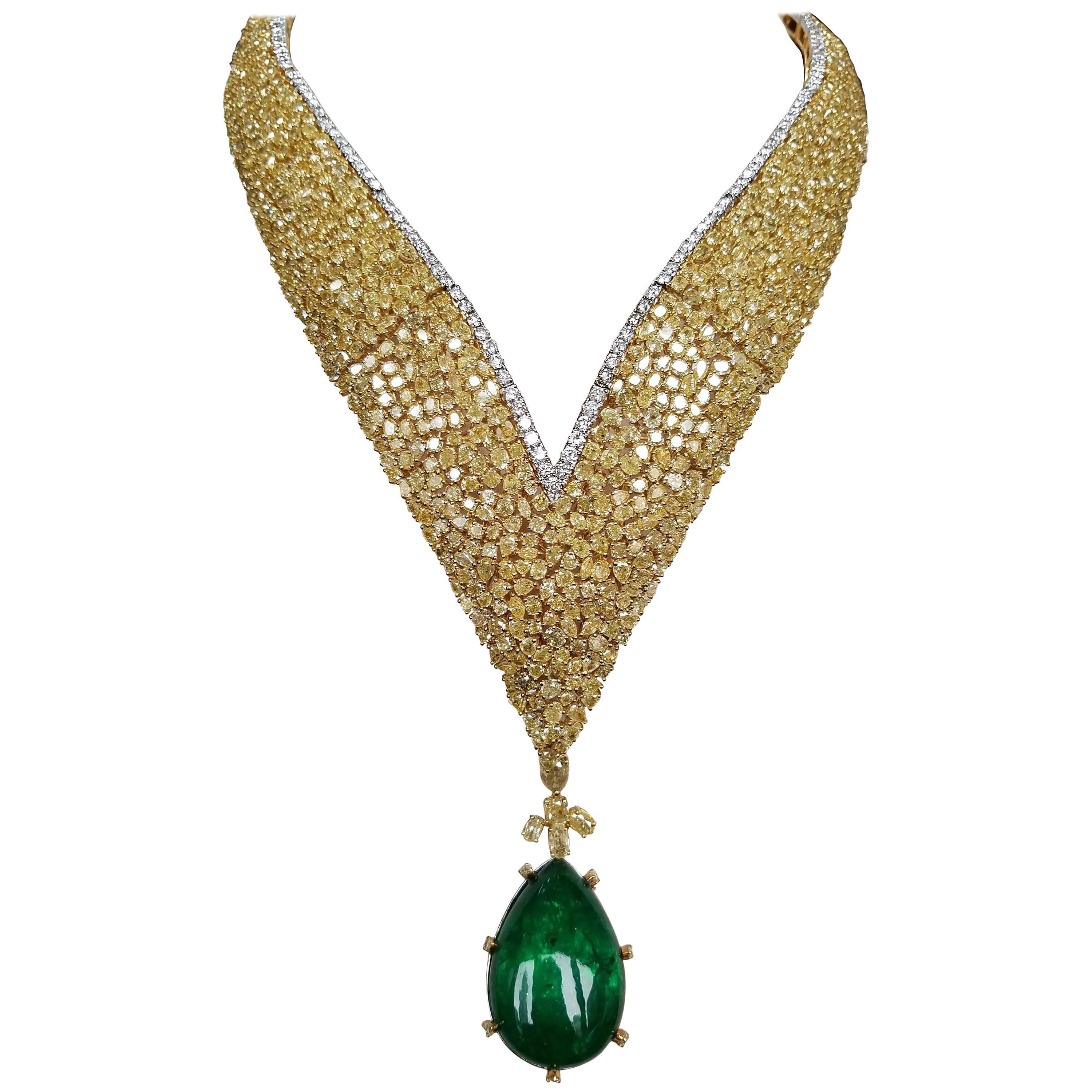 Detachable Emerald Drop Pendant and Yellow Diamond Necklace in 18 Karat