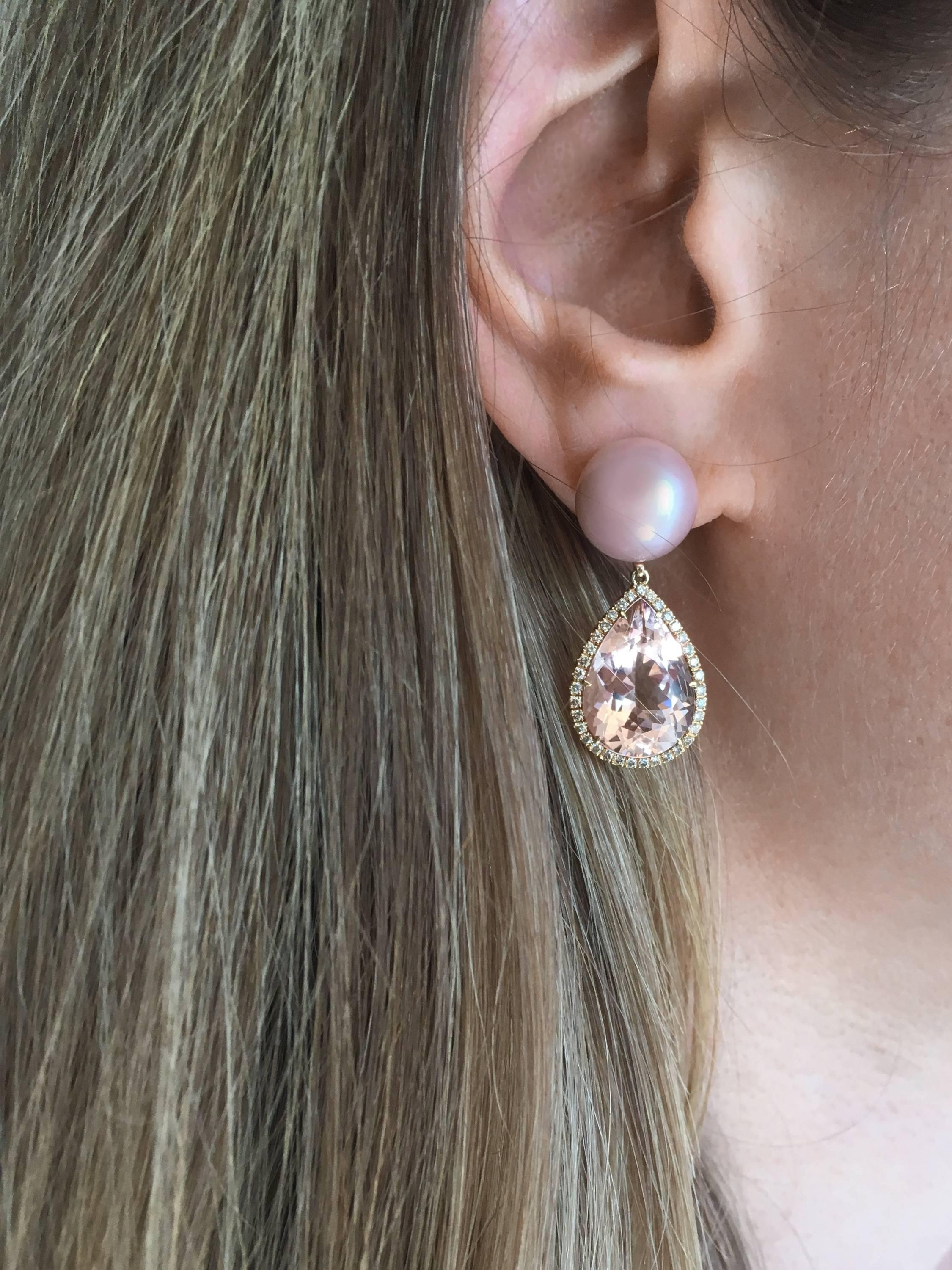 Pear Cut Detachable Morganites of 12.36 Carat 'with Diamond Entourage' and Pearl Studs For Sale