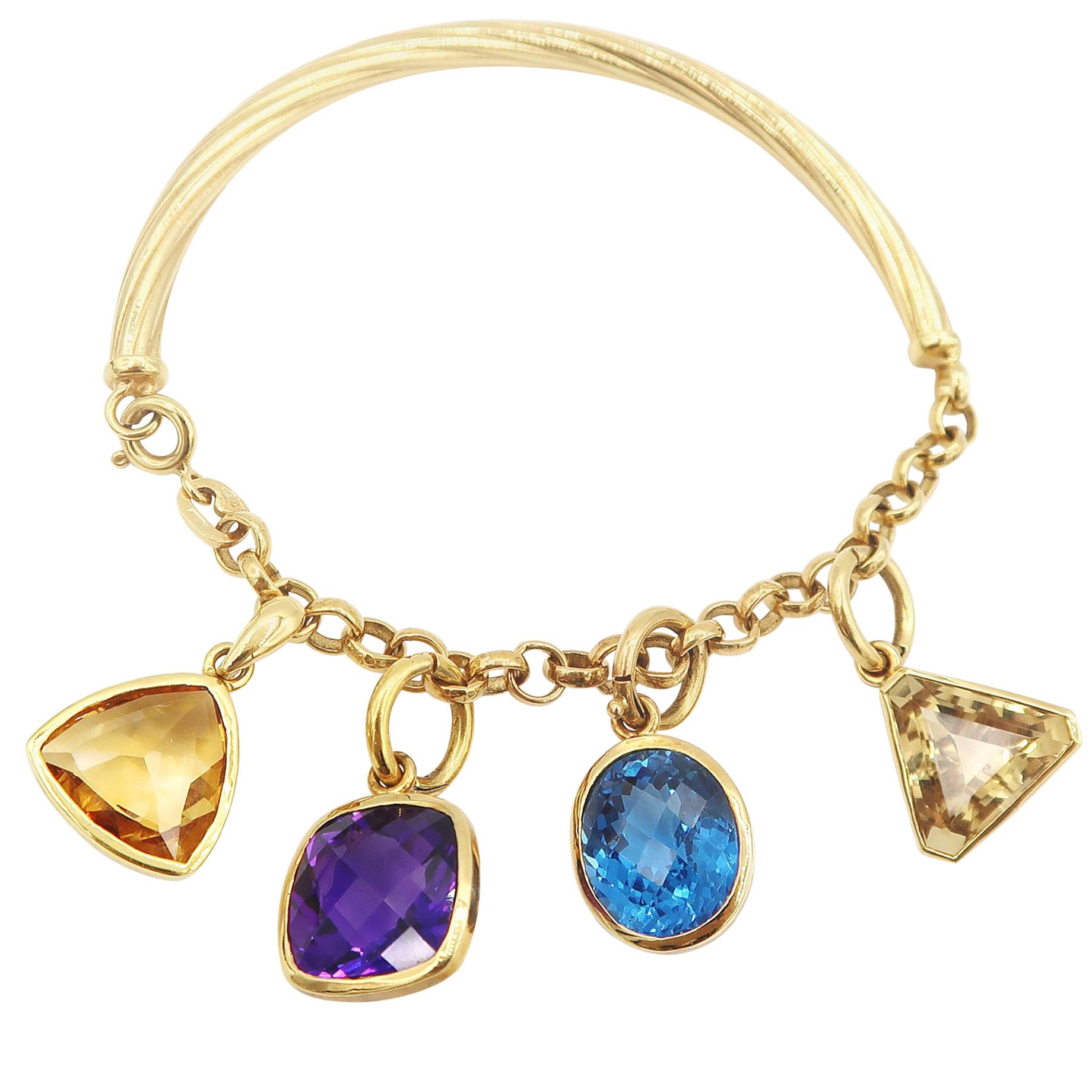 Detachable Multi-Color Fancy-Shaped Gemstone Charm Bracelet in 18K Yellow Gold For Sale