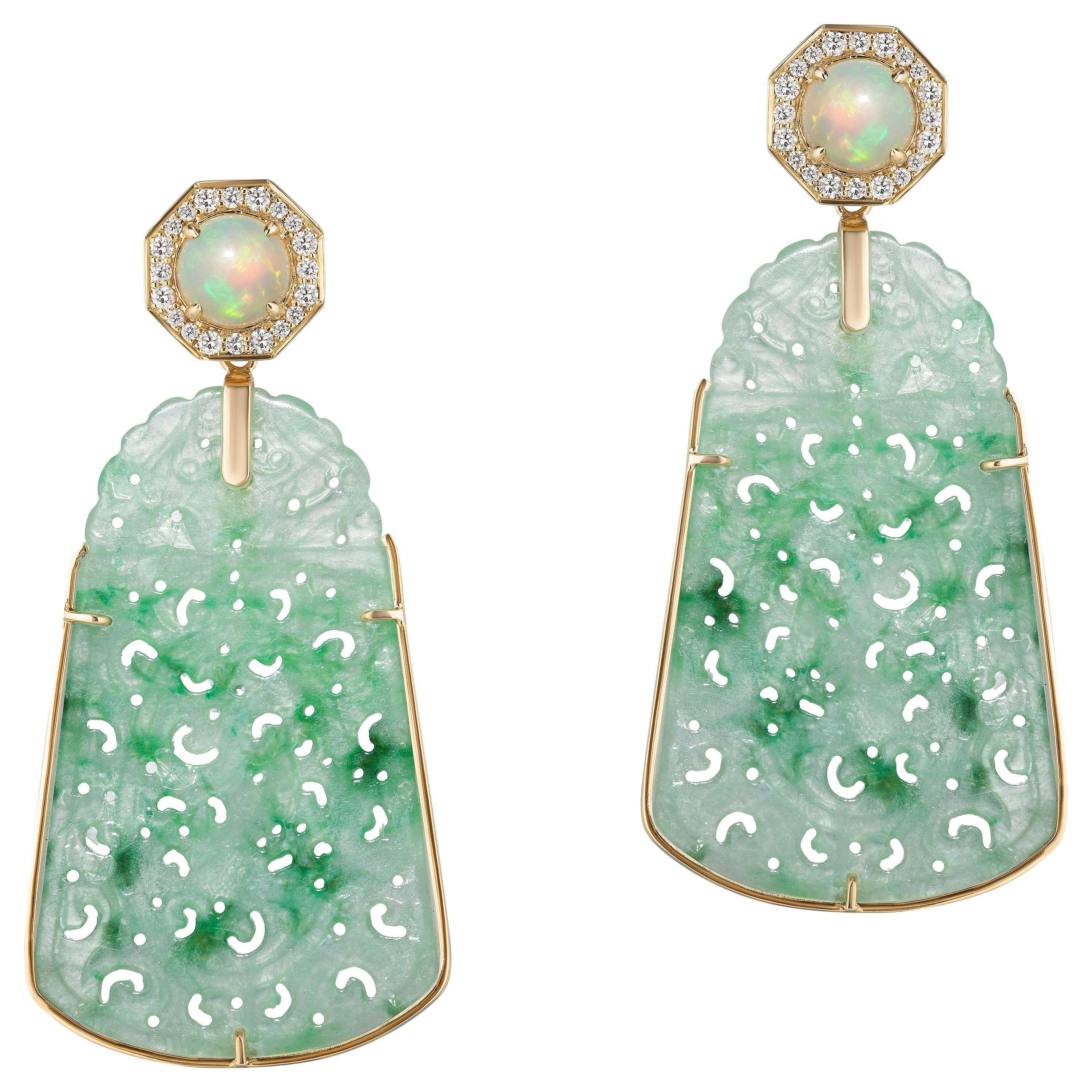 Goshwara  Carved Jade Opal And Diamond Earrings