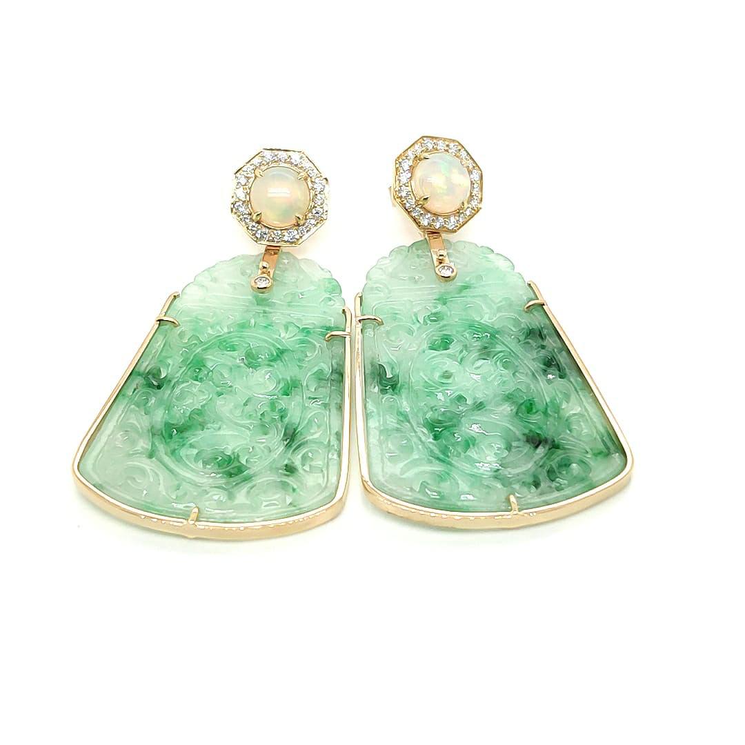 Contemporary Goshwara  Carved Jade Opal And Diamond Earrings