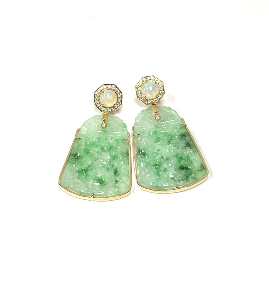 Mixed Cut Goshwara  Carved Jade Opal And Diamond Earrings