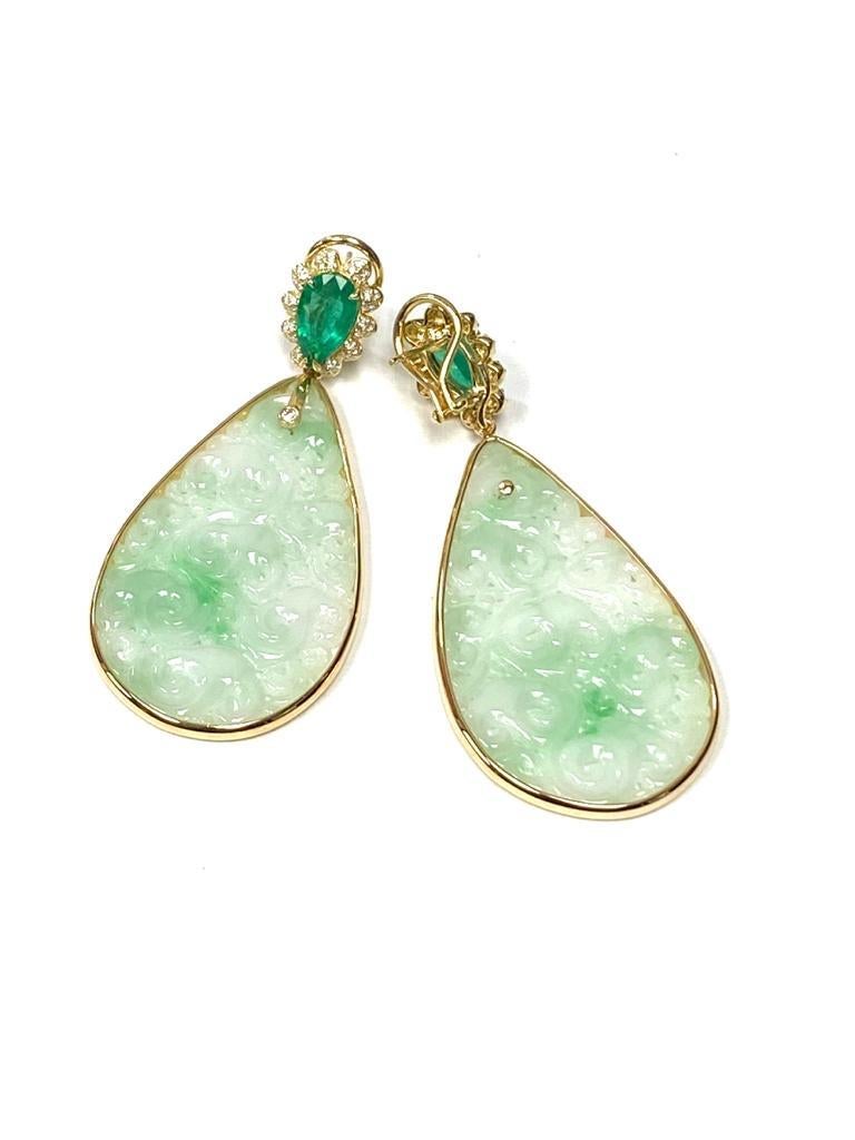 Contemporary Goshwara Pears Shape Emerald, Carved Jade with Diamond Earrings For Sale