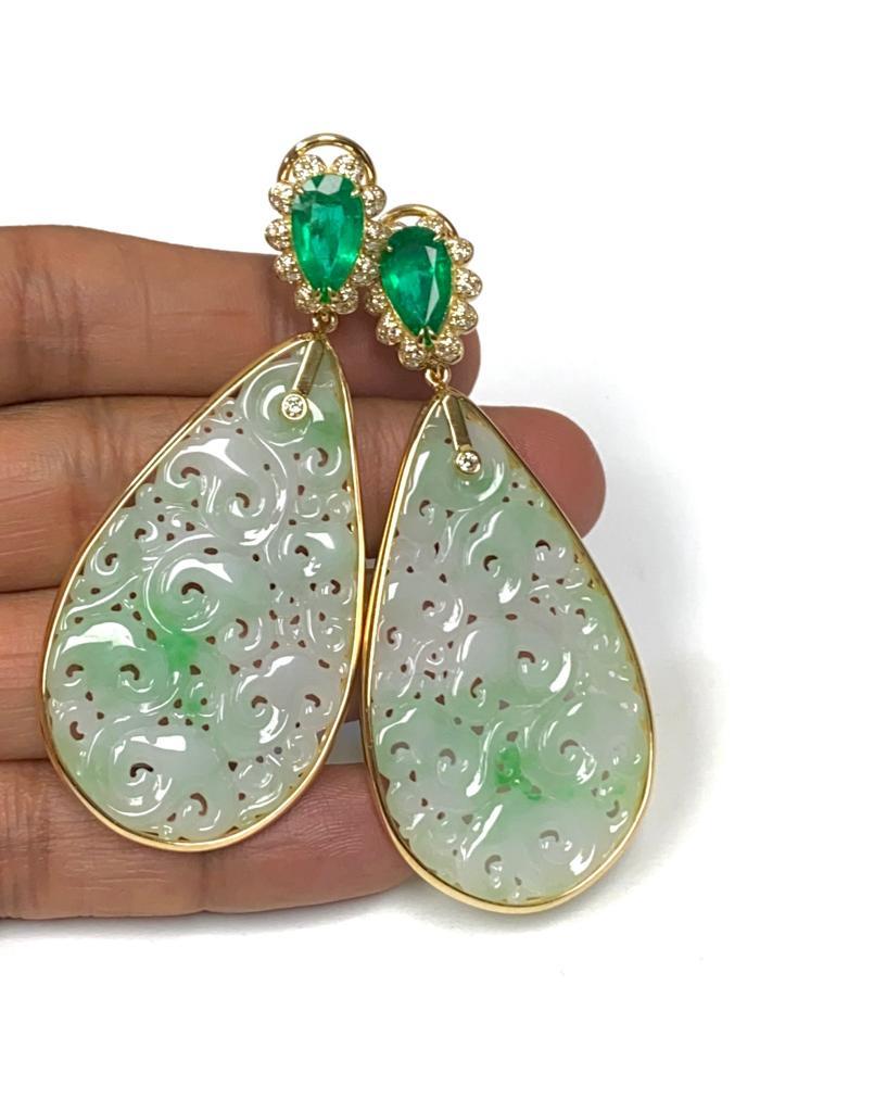 Pear Cut Goshwara Pears Shape Emerald, Carved Jade with Diamond Earrings For Sale