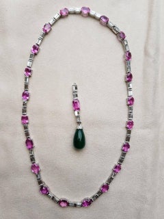 Detachable Pink Sapphire, Emerald Drop and Diamond 18 Karat Necklace