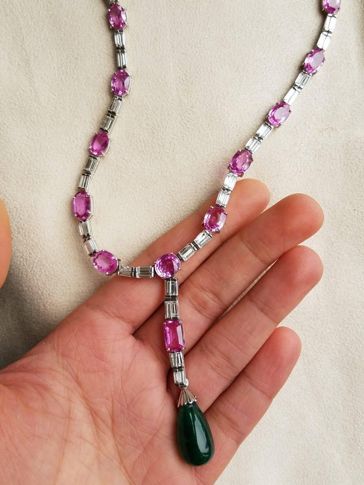 Art Deco Detachable Pink Sapphire, Emerald Drop and Diamond 18 Karat Necklace For Sale