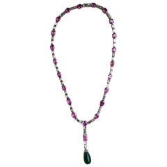 Detachable Pink Sapphire, Emerald Drop and Diamond 18 Karat Necklace