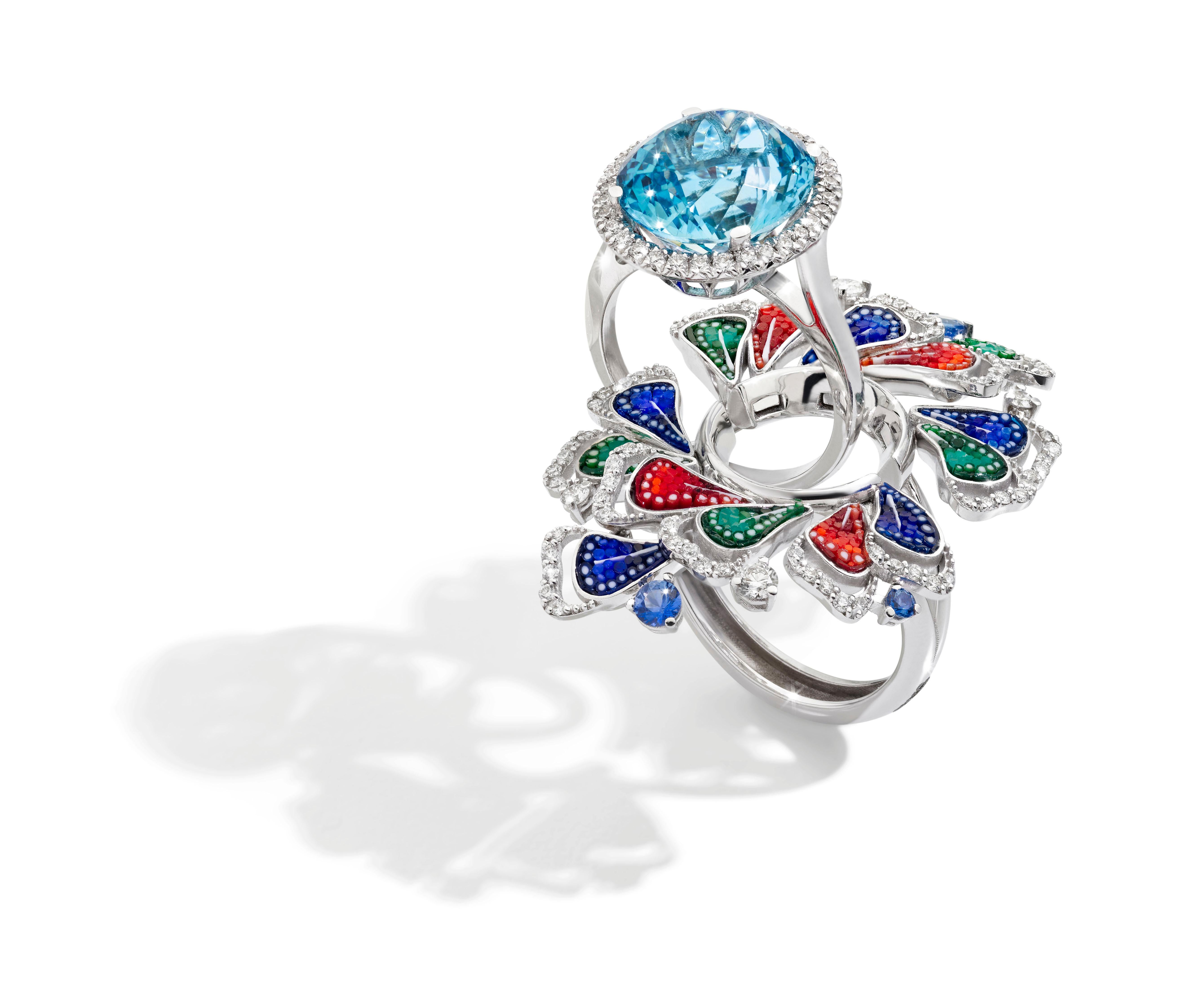 Modern Detachable Ring White Diamonds White Gold Aquamarine Sapphires Micromosaic For Sale