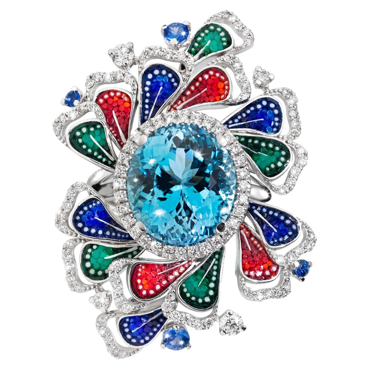 Detachable Ring White Diamonds White Gold Aquamarine Sapphires Micromosaic