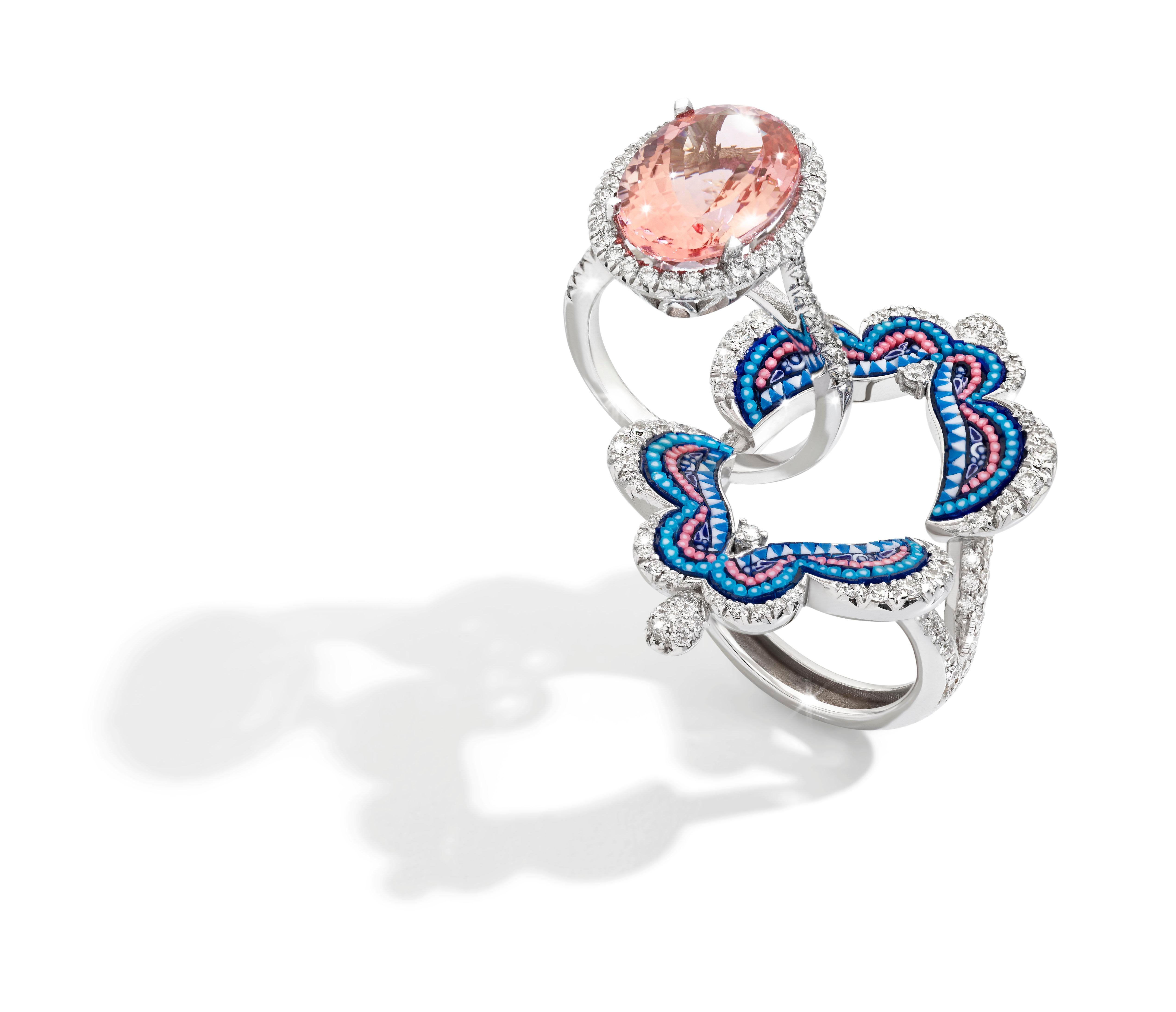 Modern Detachable Ring White Diamonds White Gold Morganite Decorated with Micromosaic For Sale