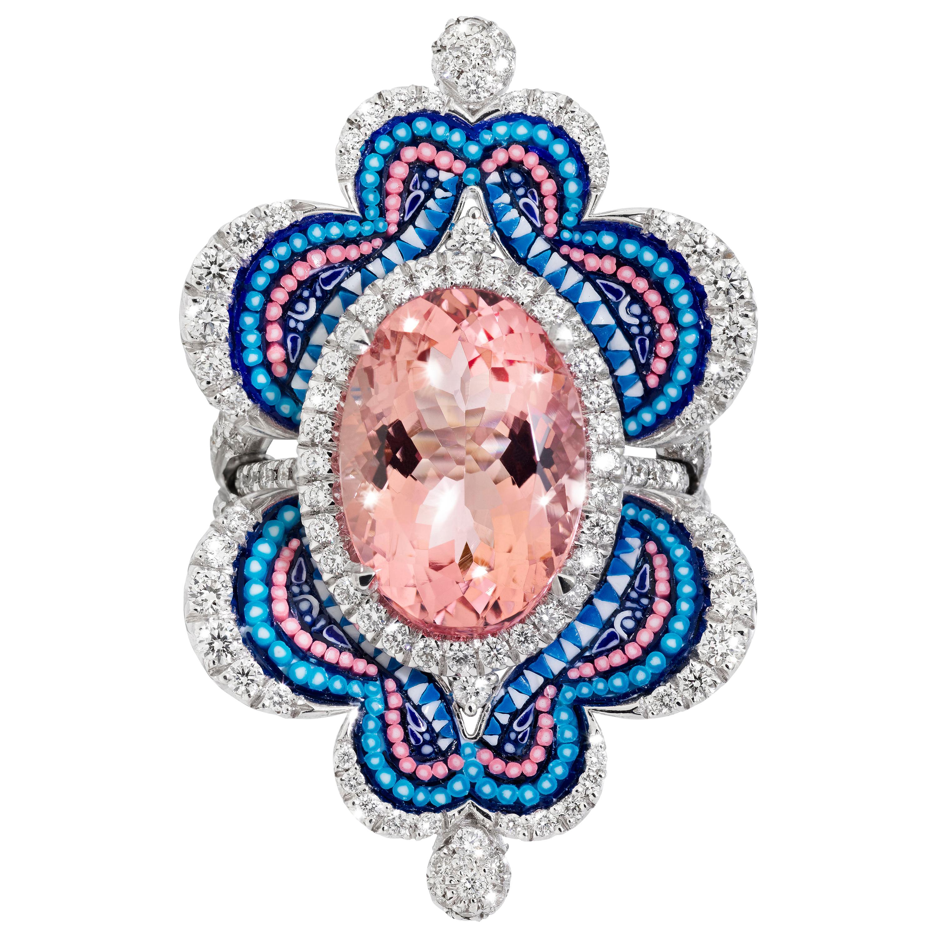 Detachable Ring White Diamonds White Gold Morganite Decorated with Micromosaic