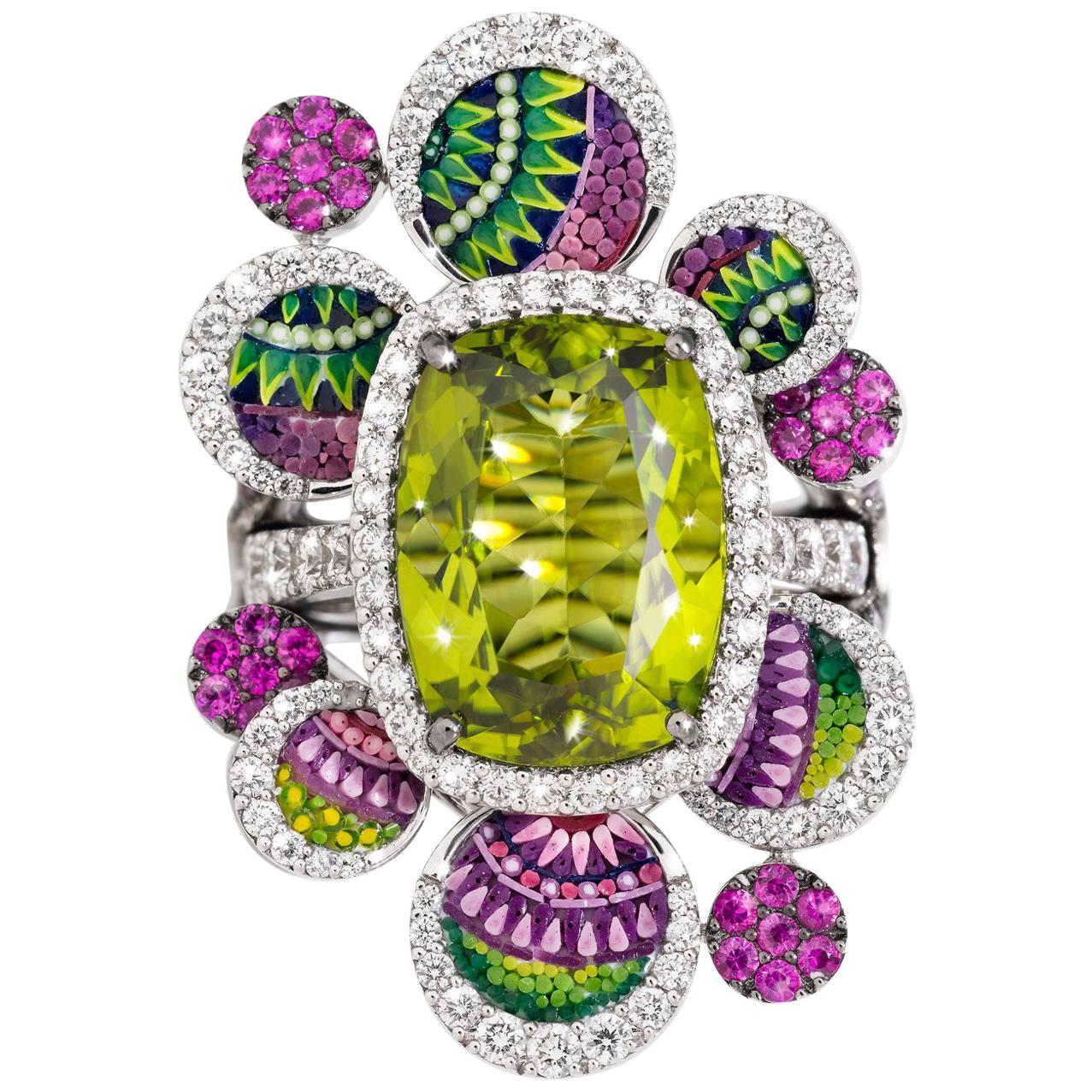 Detachable Ring White Diamonds White Gold Peridot Pink Sapphires Micromosaic For Sale