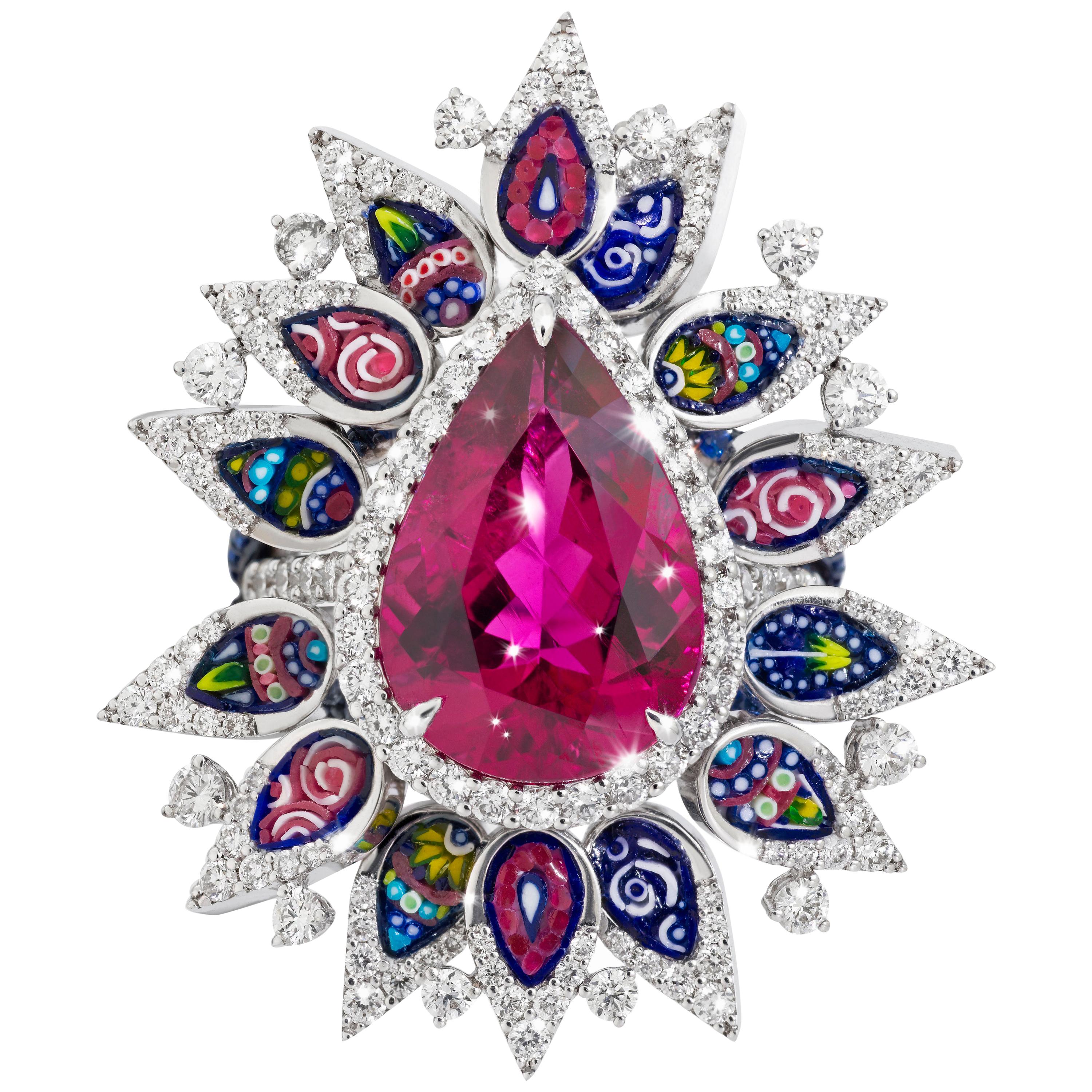 Detachable Ring White Diamonds White Gold Rubellite Blue Sapphires Micromosaic