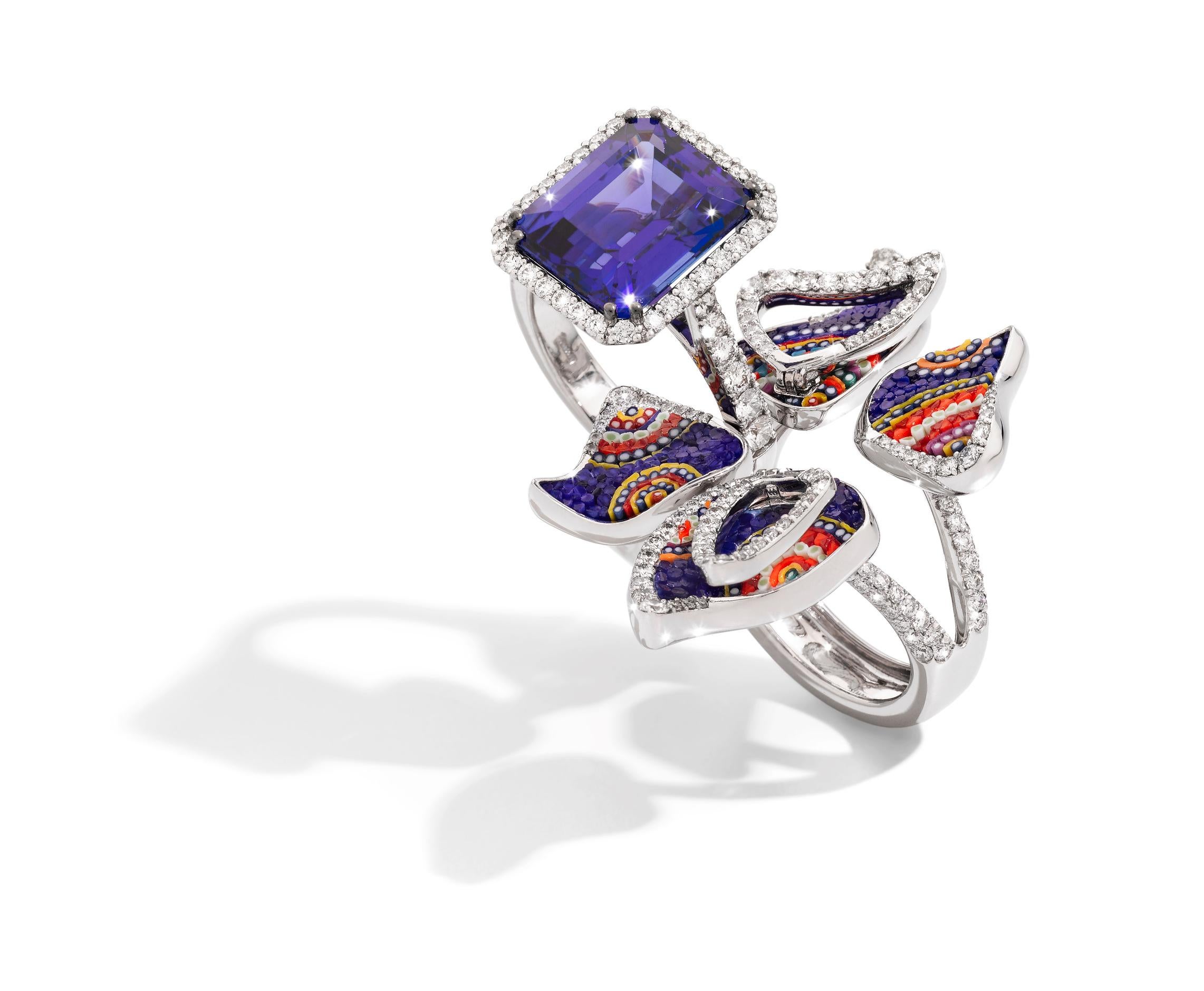 Modern Detachable Ring White Diamonds White Gold Tanzanite Decorated with Micromosaic For Sale