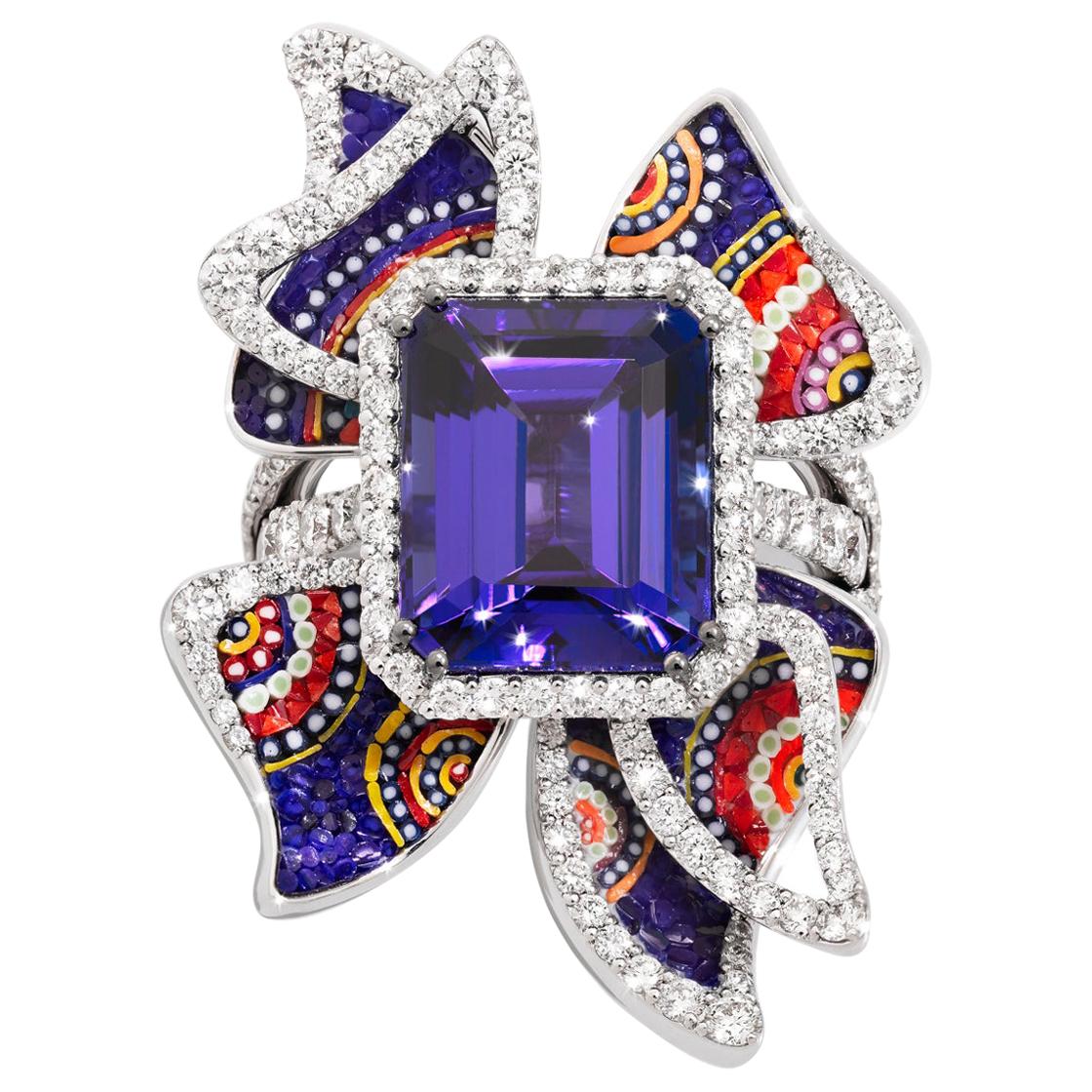 Detachable Ring White Diamonds White Gold Tanzanite Decorated with Micromosaic For Sale