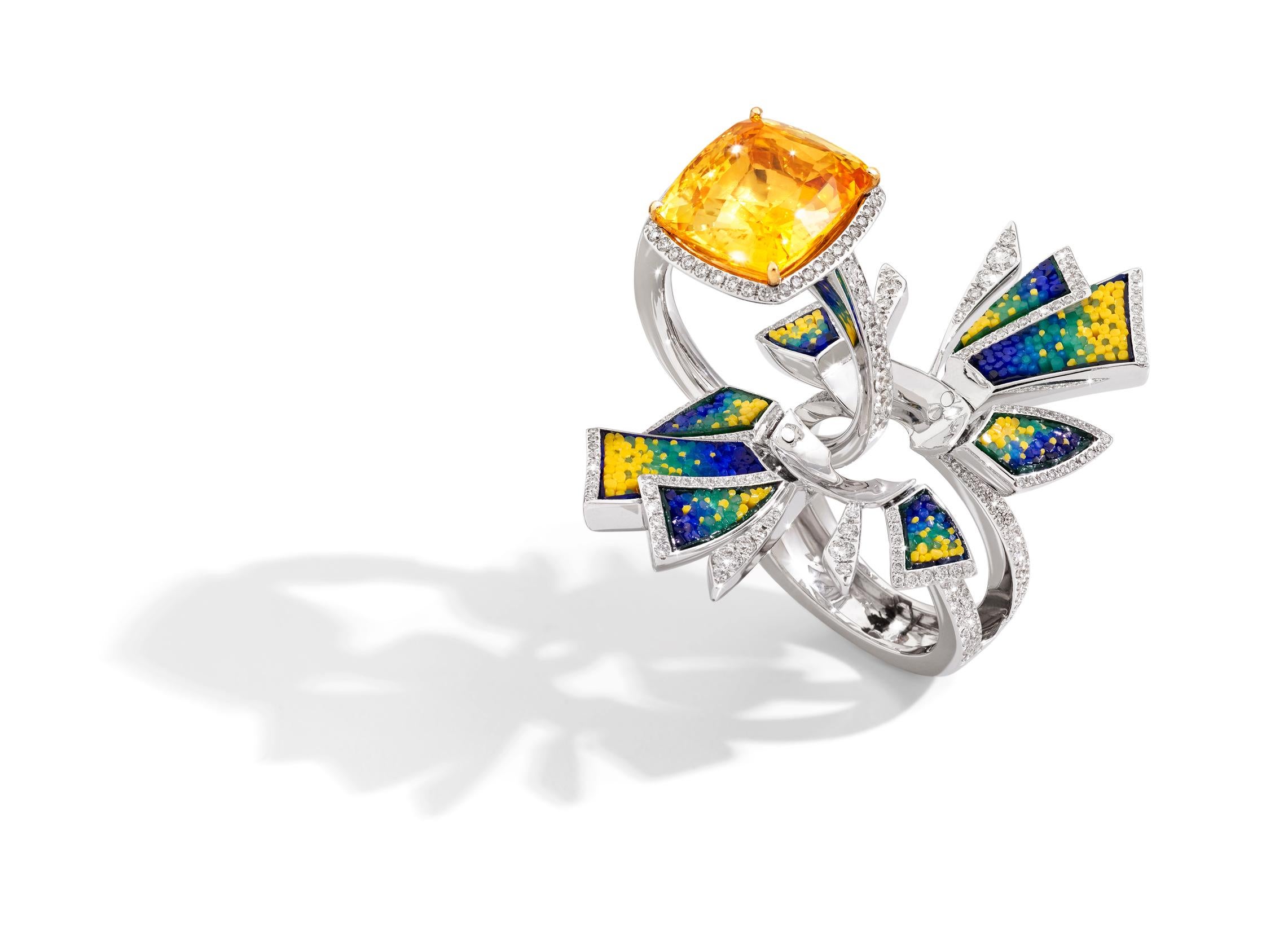 Modern Detachable Ring White Diamonds White Gold Yellow Sapphire Decorated Micromosaic For Sale