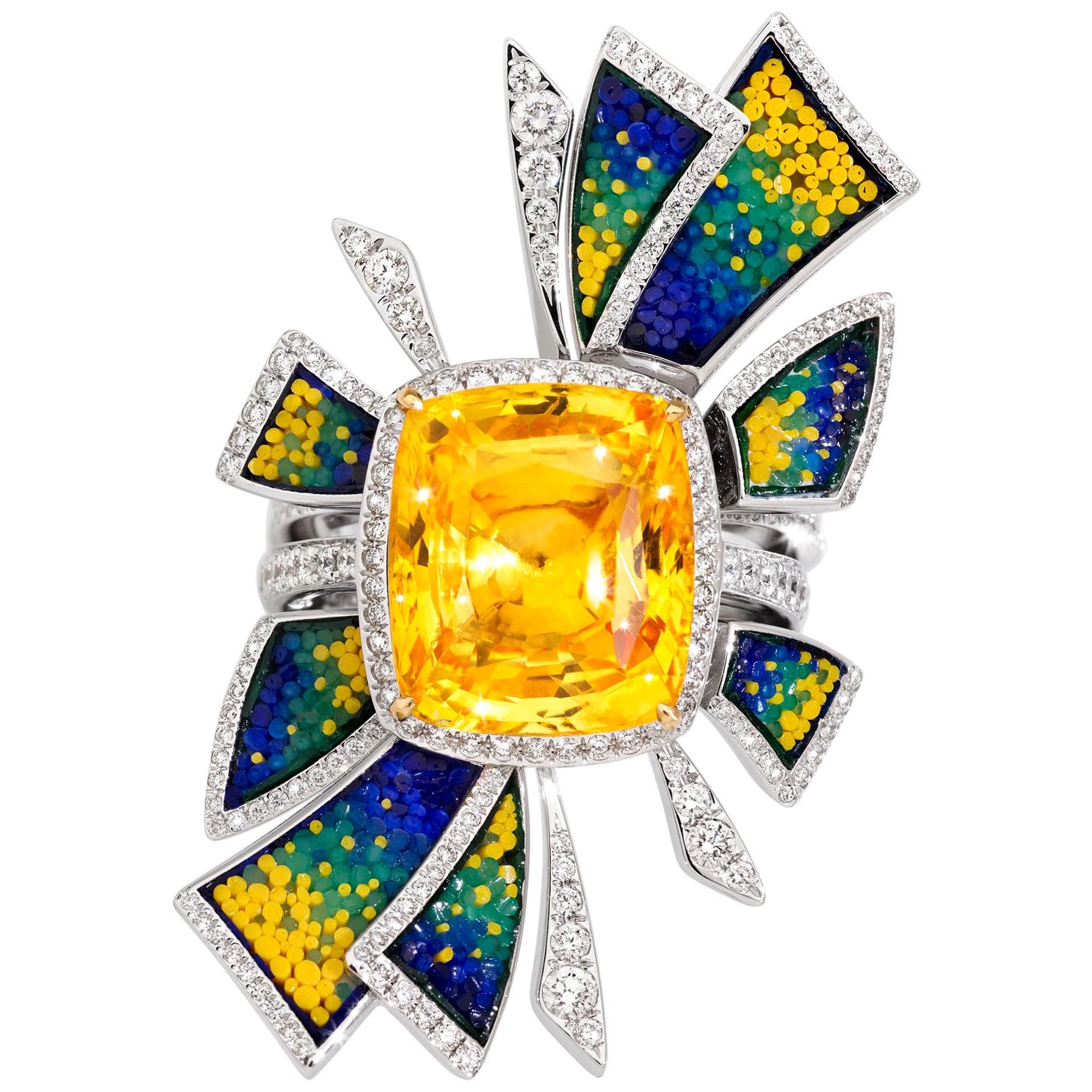 Abnehmbarer Ring, weiße Diamanten, Weißgold, gelber Saphir, Mikromosaik, dekoriert