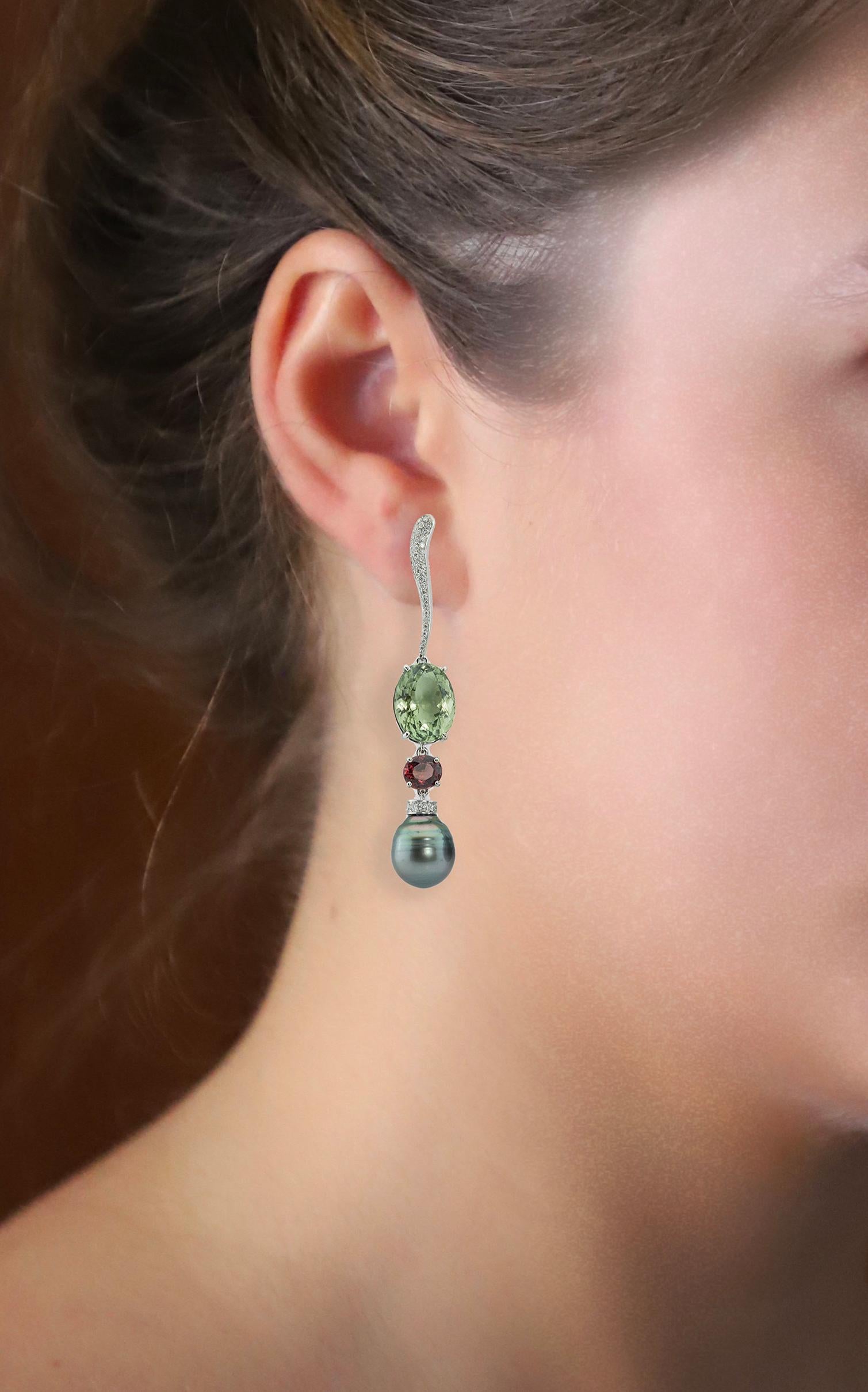Art Deco Detachable Rossella Ugolini White Diamonds Green Amethyst Garnet Drops Earrings For Sale