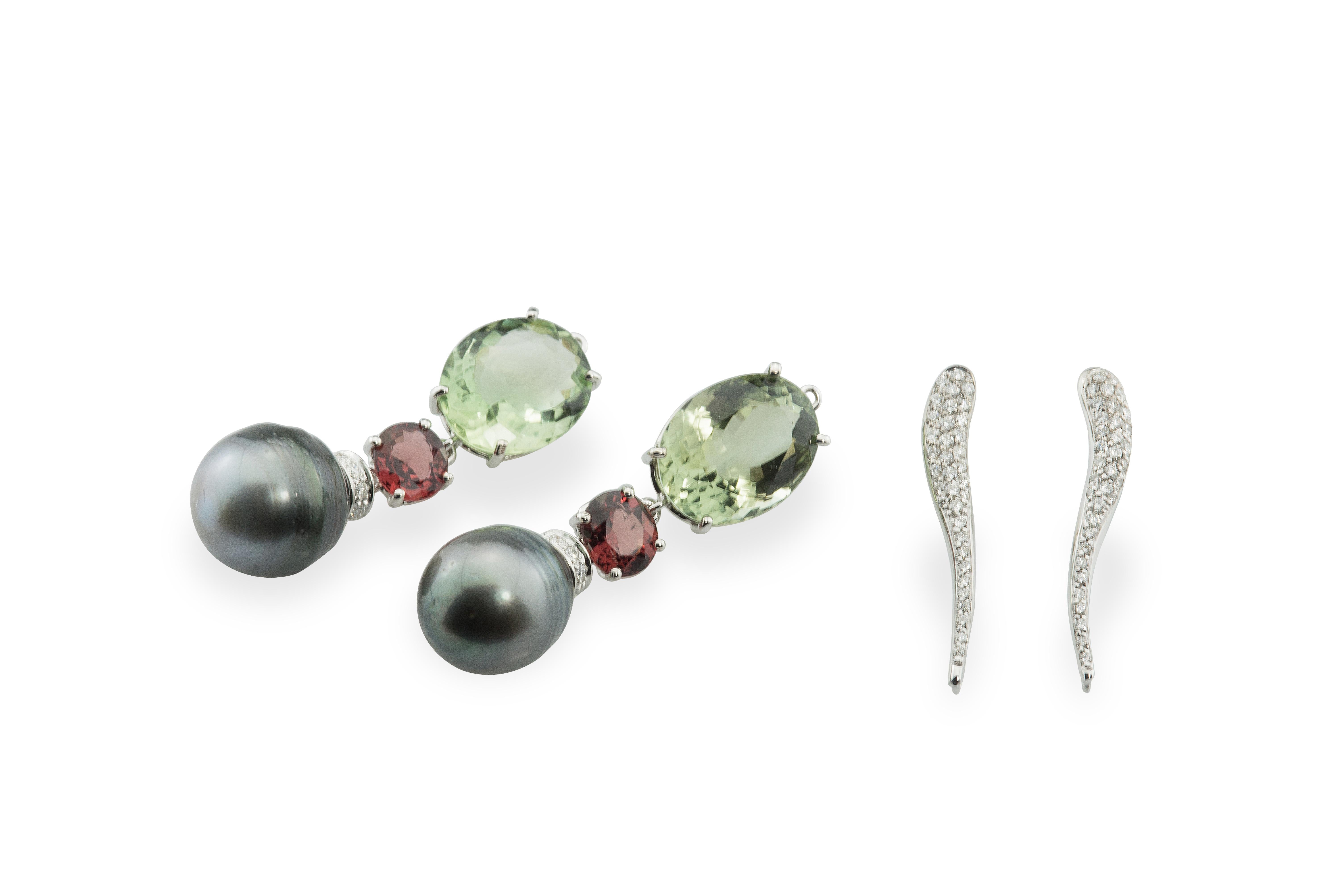 Detachable Rossella Ugolini White Diamonds Green Amethyst Garnet Drops Earrings In New Condition For Sale In Rome, IT
