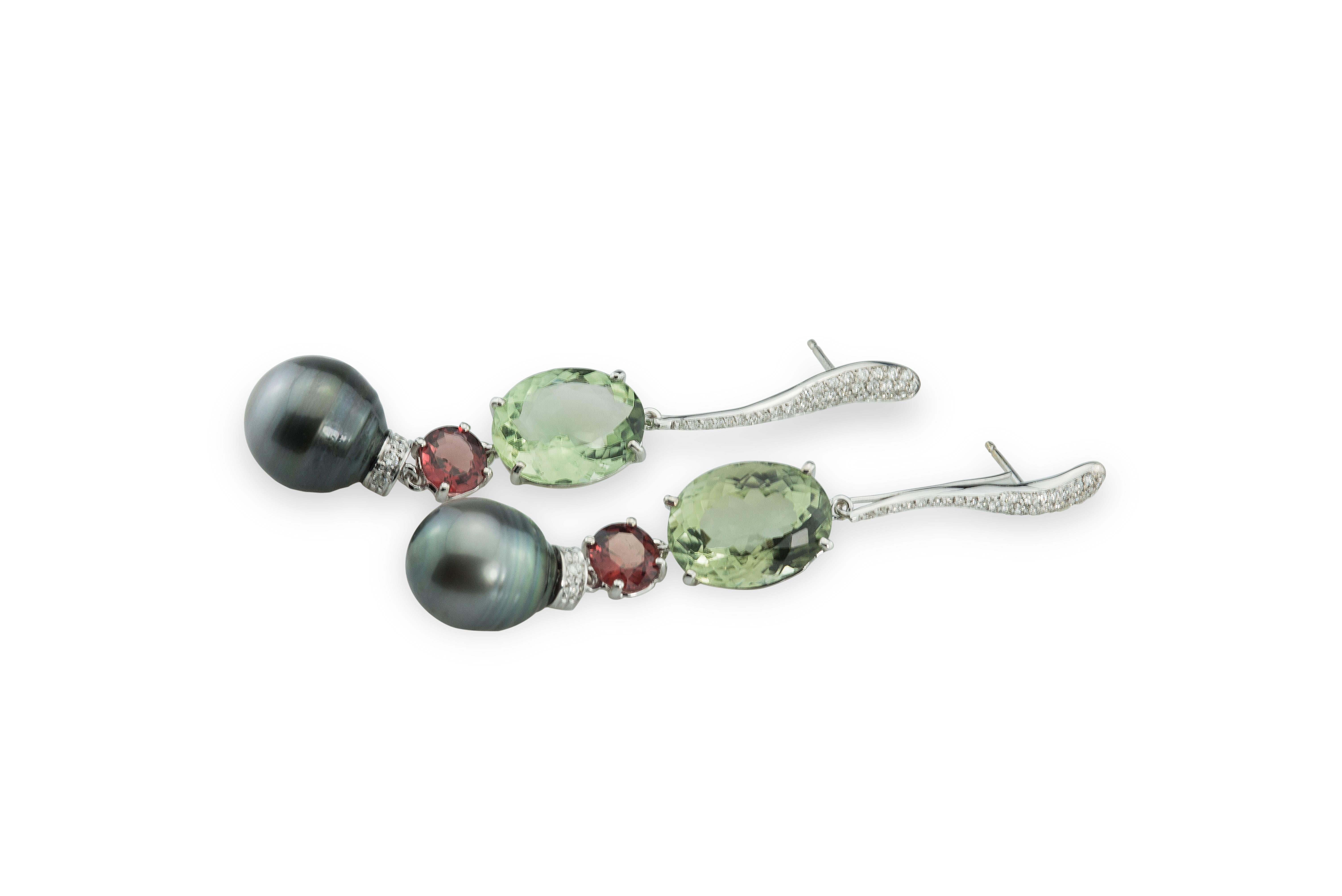 Detachable Rossella Ugolini White Diamonds Green Amethyst Garnet Drops Earrings For Sale 4