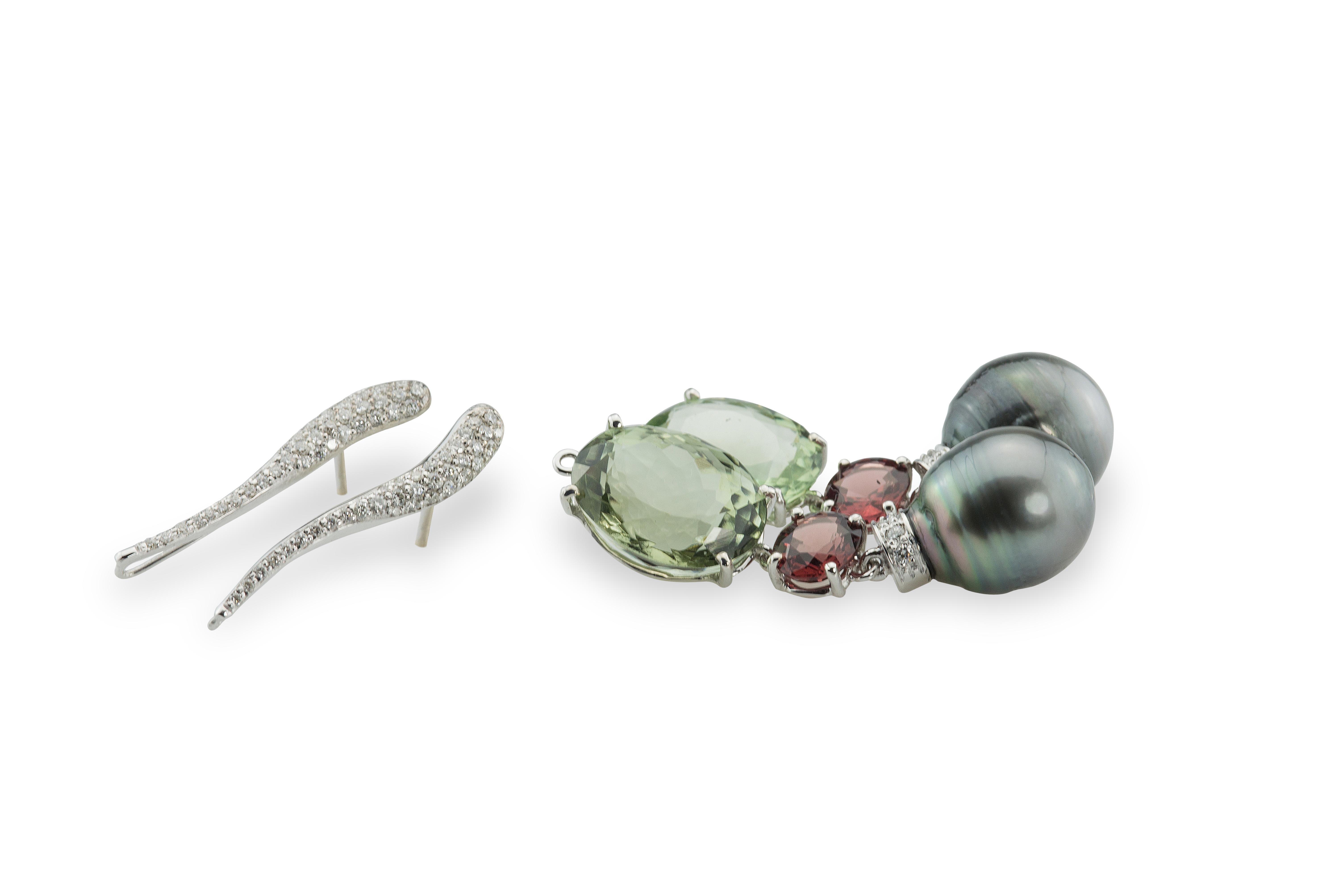 Women's or Men's Detachable Rossella Ugolini White Diamonds Green Amethyst Garnet Drops Earrings For Sale