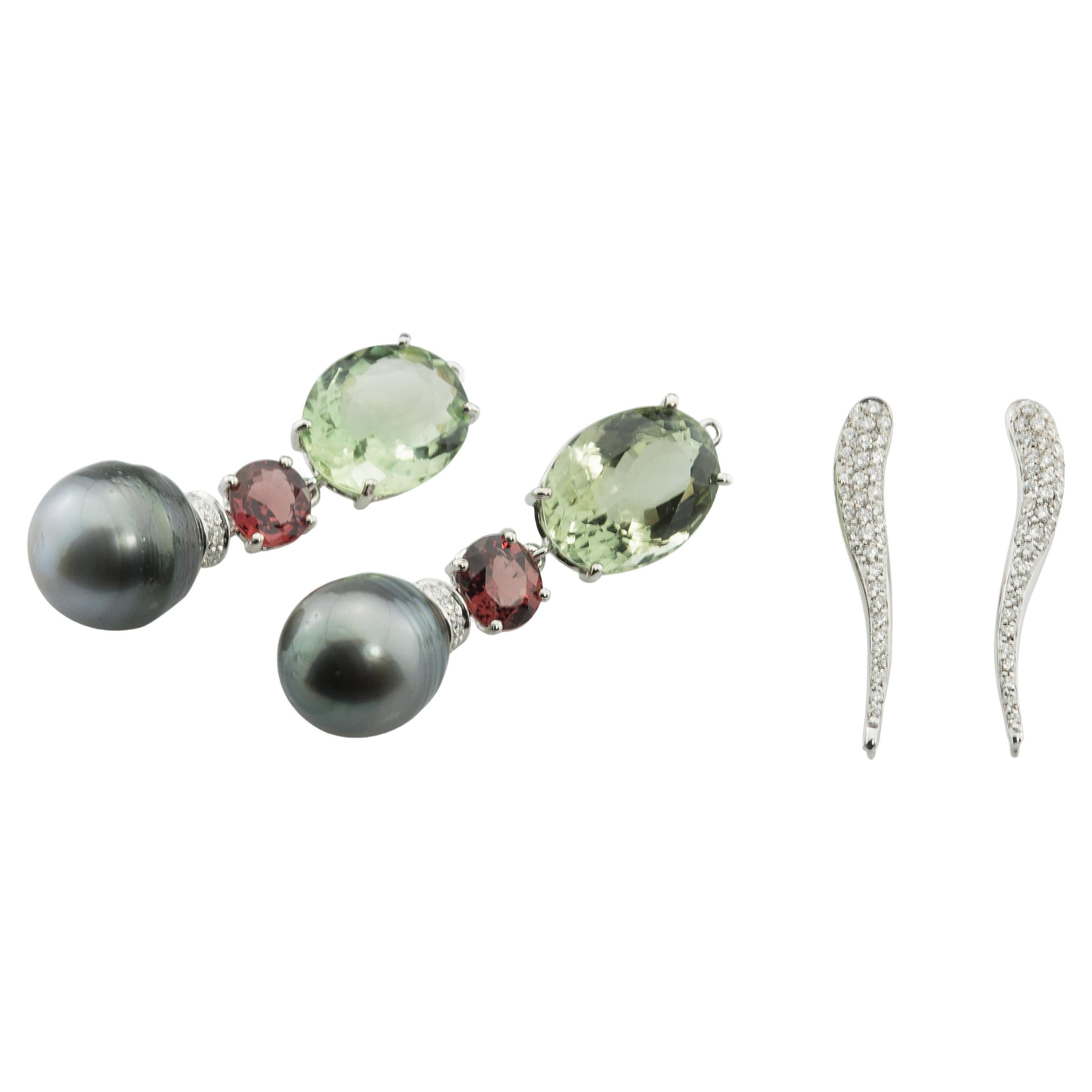 Detachable Rossella Ugolini White Diamonds Green Amethyst Garnet Drops Earrings For Sale