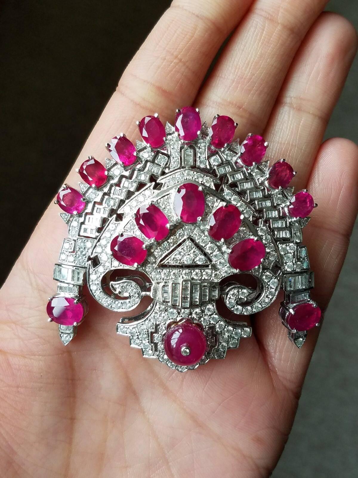 Art Deco Detachable Ruby and Diamond 18 Karat Gold Clip Brooch and Pendant