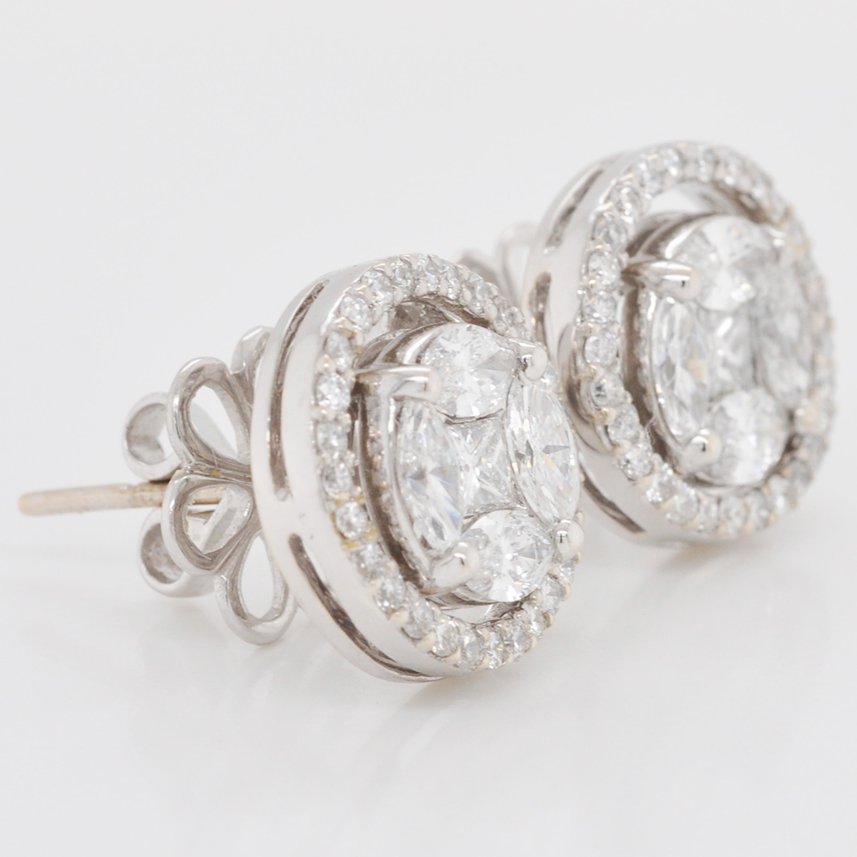 Detachable Solitaire Look Pressure Set Diamond Stud Earrings 18 Karat White Gold For Sale 1