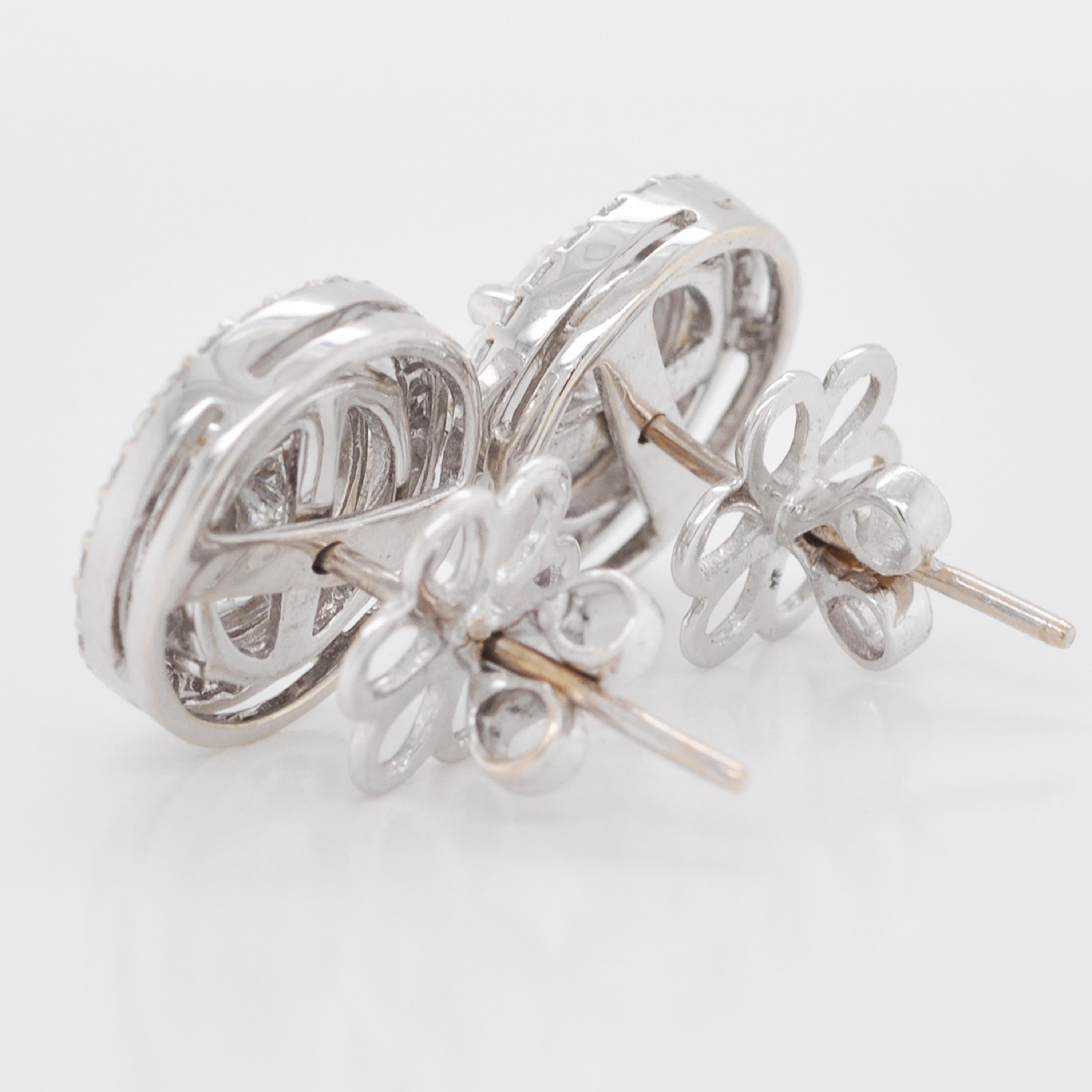 Art Deco Detachable Solitaire Look Pressure Set Diamond Stud Earrings 18 Karat White Gold For Sale