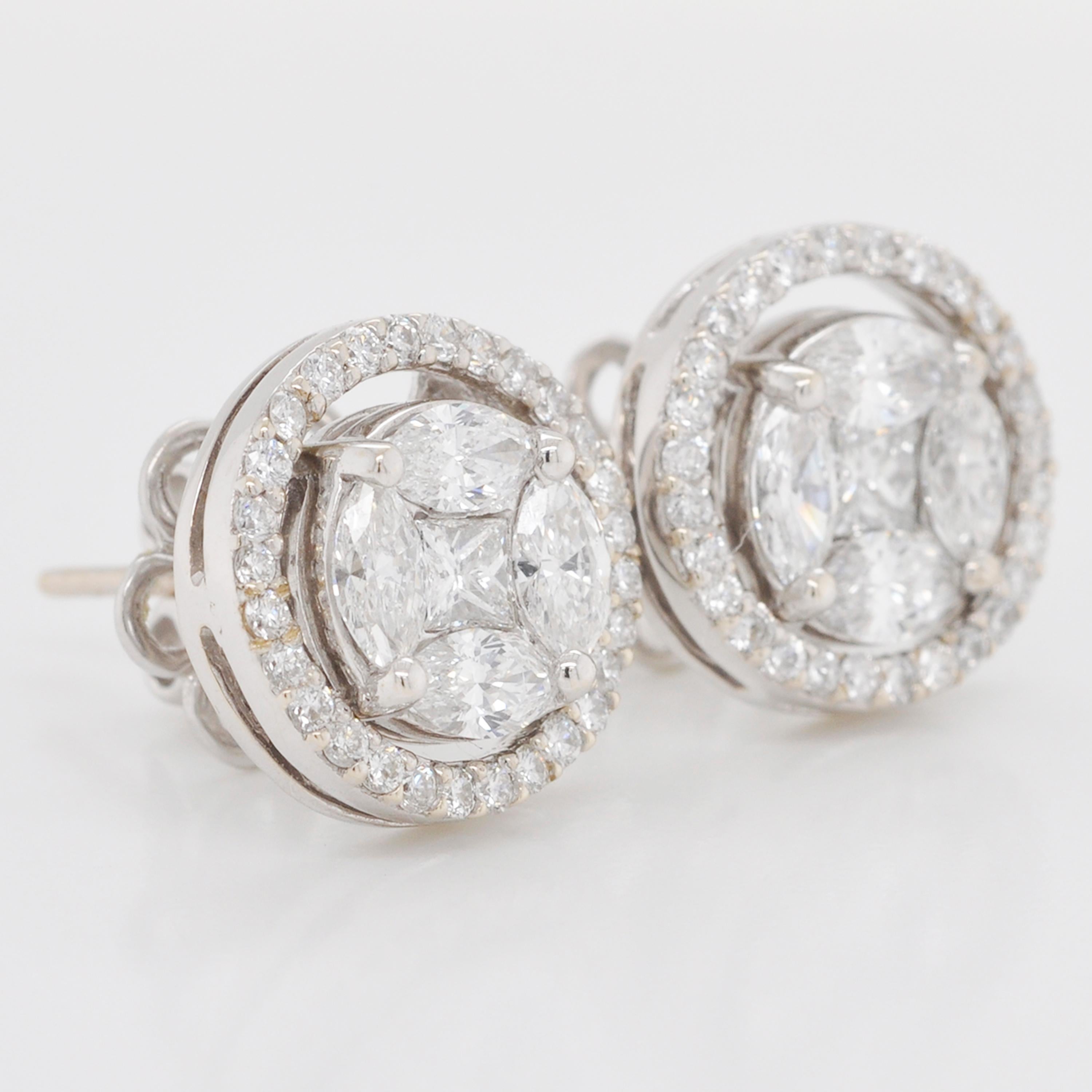 Women's Detachable Solitaire Look Pressure Set Diamond Stud Earrings 18 Karat White Gold For Sale