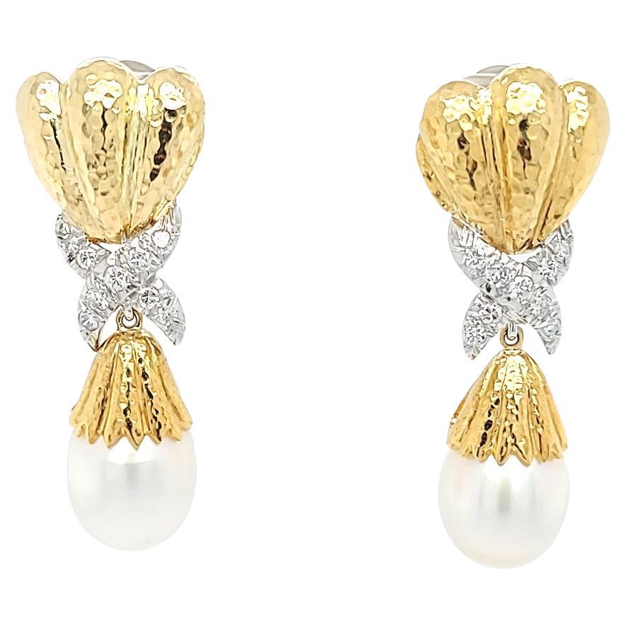 Detachable South Sea Pearl, Diamond, and Yellow Gold Dangle Earrings