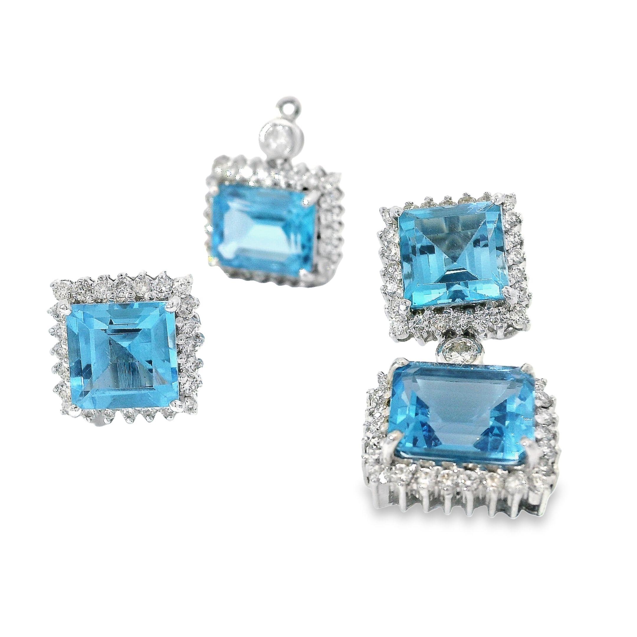 Contemporary Detachable Swiss Blue Topaz Square Rectangular Diamond Stud Dangle Earrings For Sale