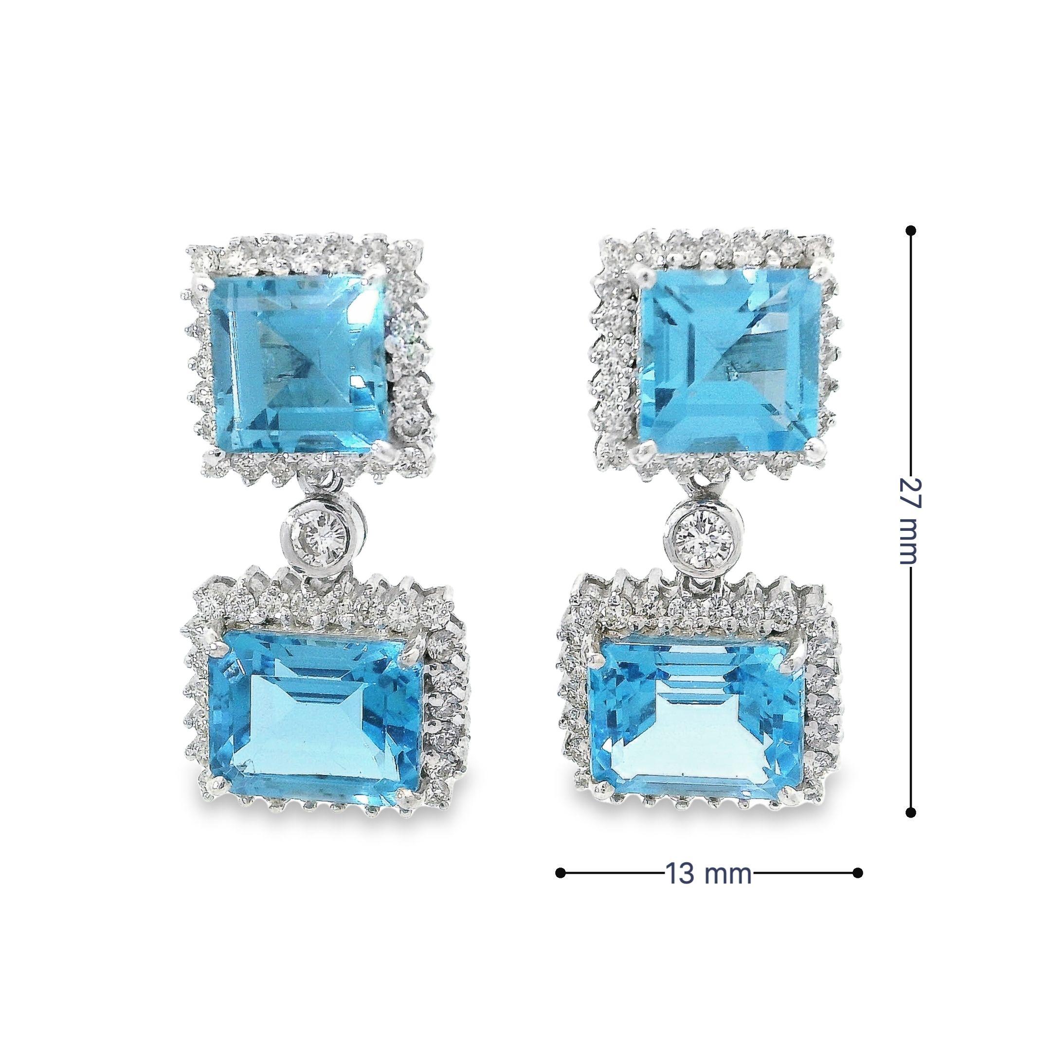 Round Cut Detachable Swiss Blue Topaz Square Rectangular Diamond Stud Dangle Earrings For Sale