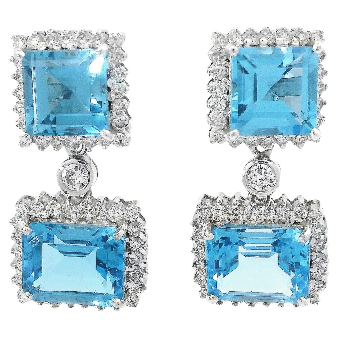 Detachable Swiss Blue Topaz Square Rectangular Diamond Stud Dangle Earrings For Sale