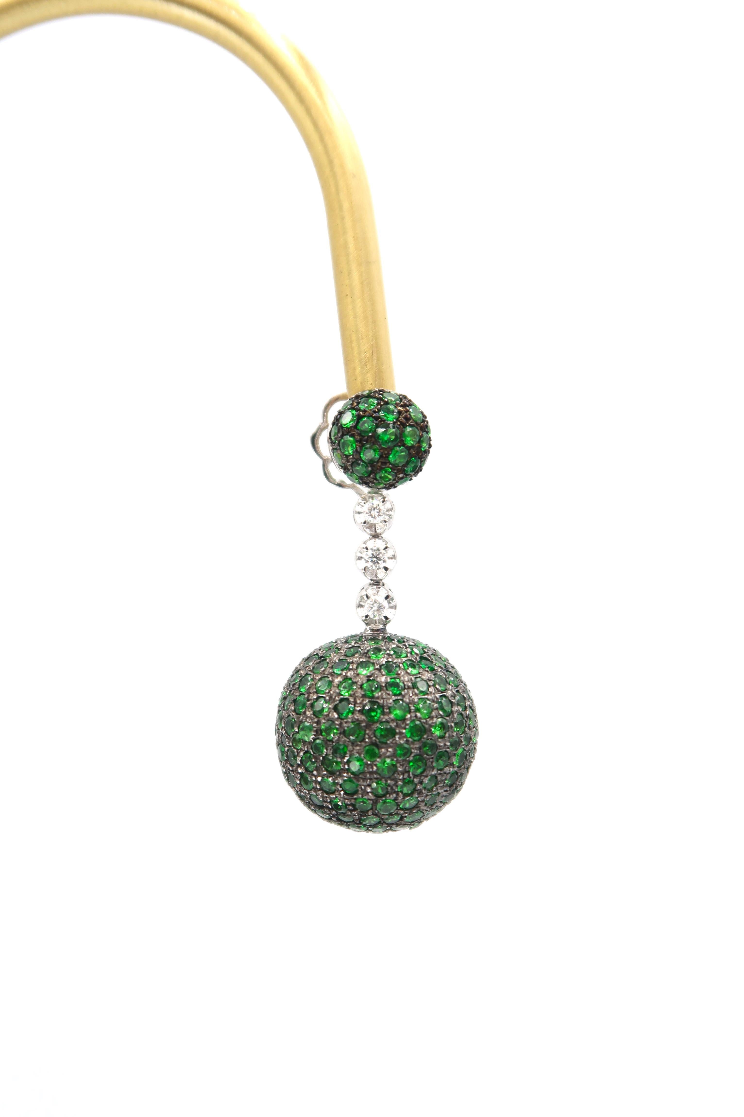 Contemporary Detachable Tsavorite Ball with Diamond Gold Drop Stud Earrings For Sale