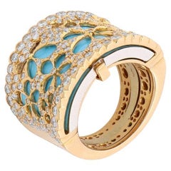 Detachable Turquoise and White Diamonds Cut-Out Floral Pattern Fashion Band Ring