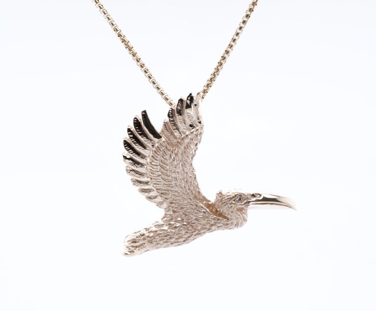 Detailed 14K Yellow Gold Pelican Pendant Necklace with Diamond Eye For ...
