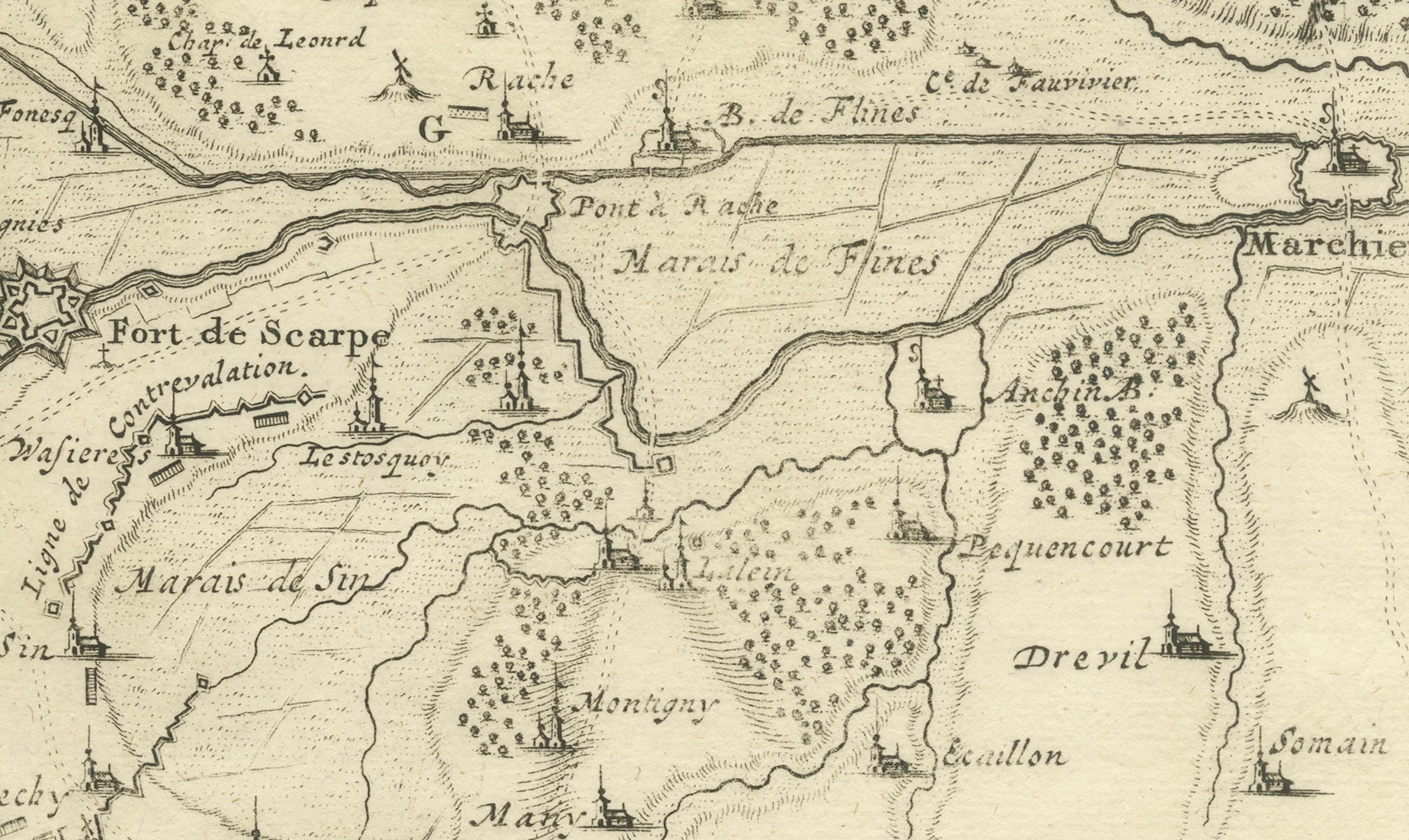 Carte détaillée des années 1720 - Siège de Douay et lignes de circonvallation, France

Cette carte gravée montre les fortifications détaillées et la région environnante de Douay (Douai) dans le nord de la France, intitulée Carte (Tres particuliere