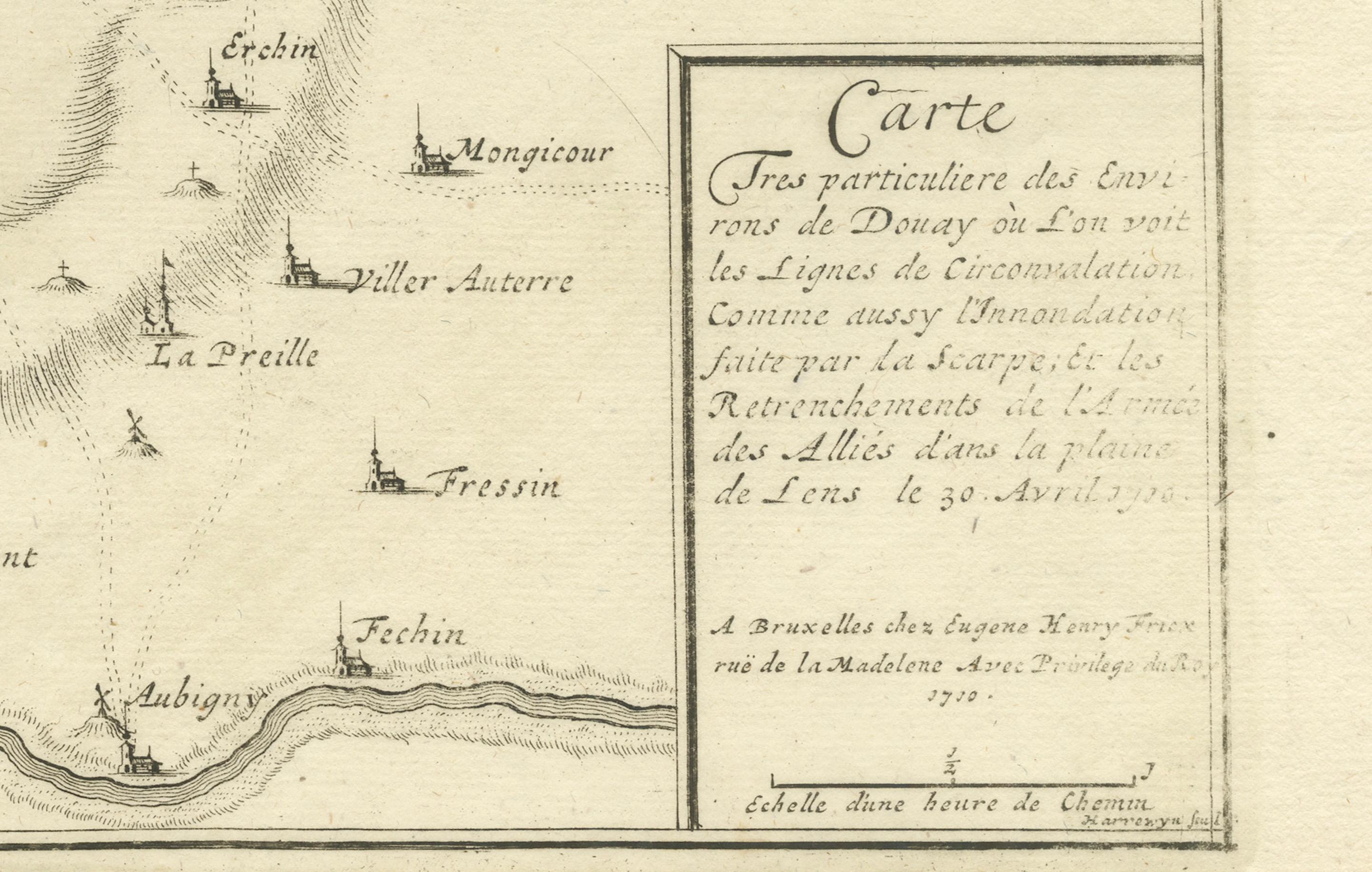 Français Carte détaillée des années 1720 - Siège de Douay et lignes de circonvallation, France en vente