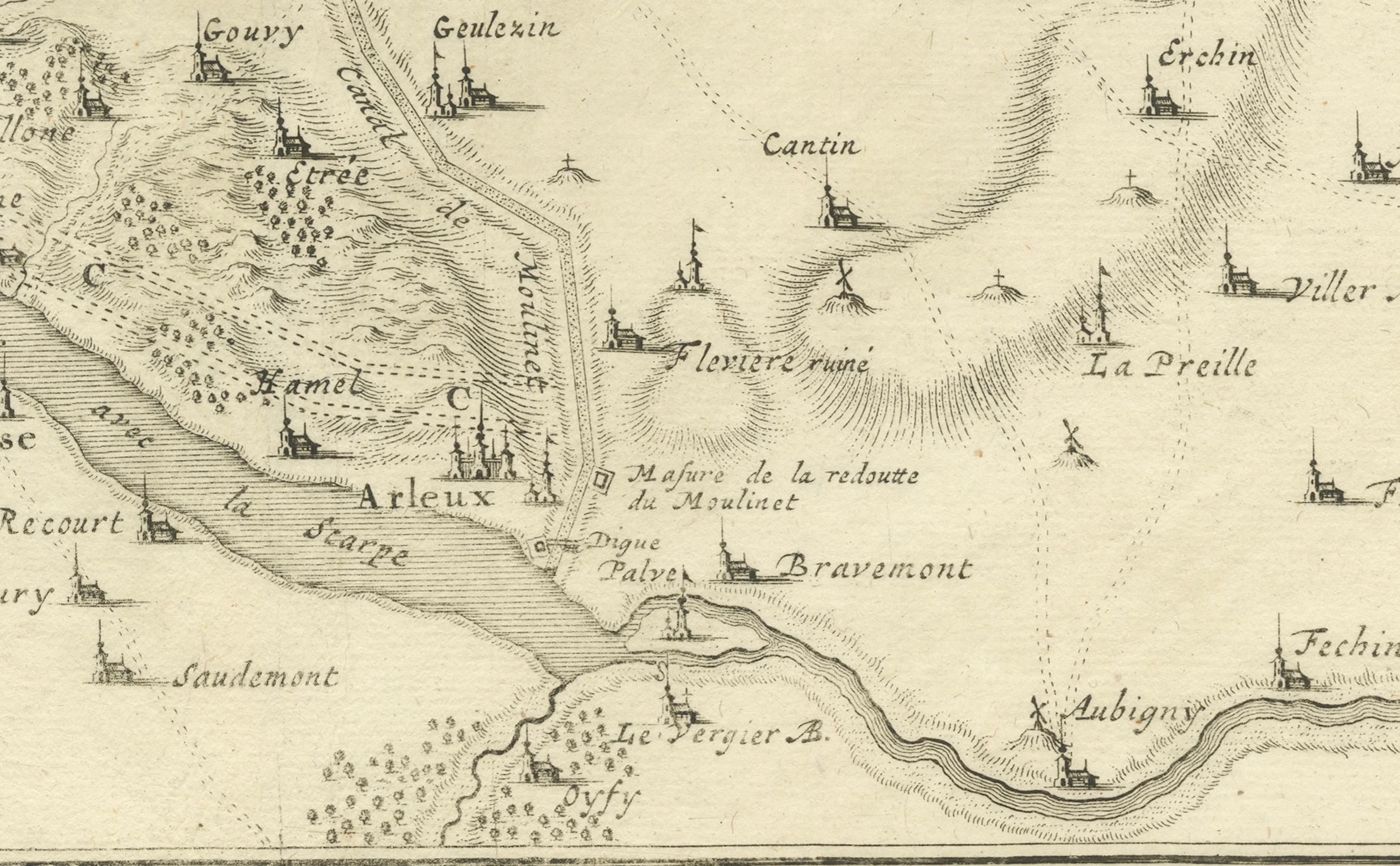 Gravé Carte détaillée des années 1720 - Siège de Douay et lignes de circonvallation, France en vente