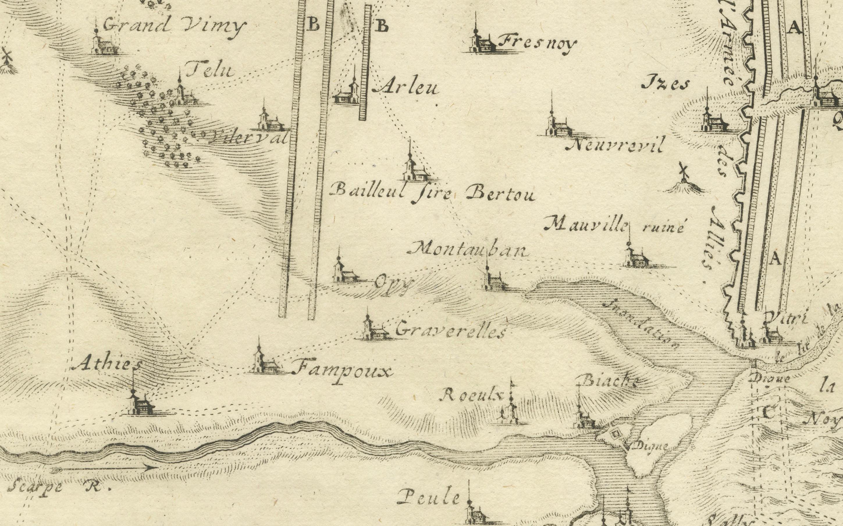 XVIIIe siècle Carte détaillée des années 1720 - Siège de Douay et lignes de circonvallation, France en vente