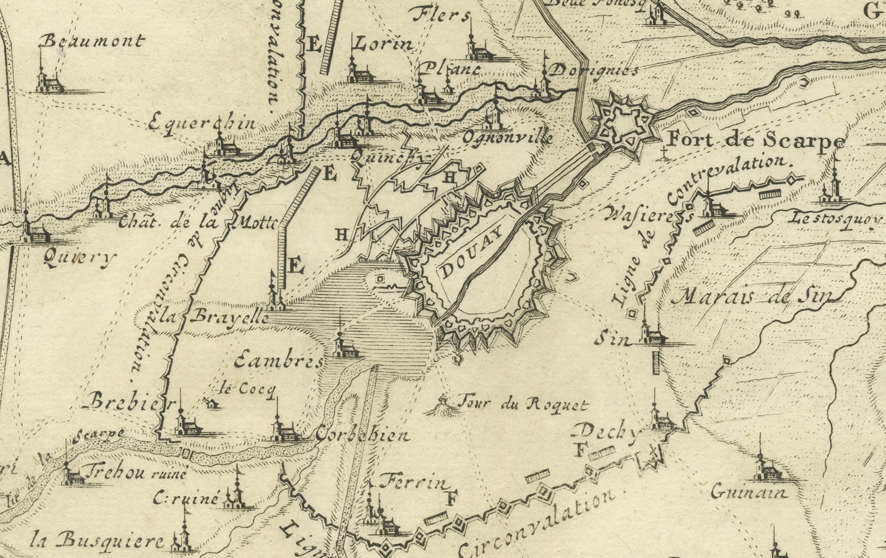 Carte détaillée des années 1720 - Siège de Douay et lignes de circonvallation, France en vente 1